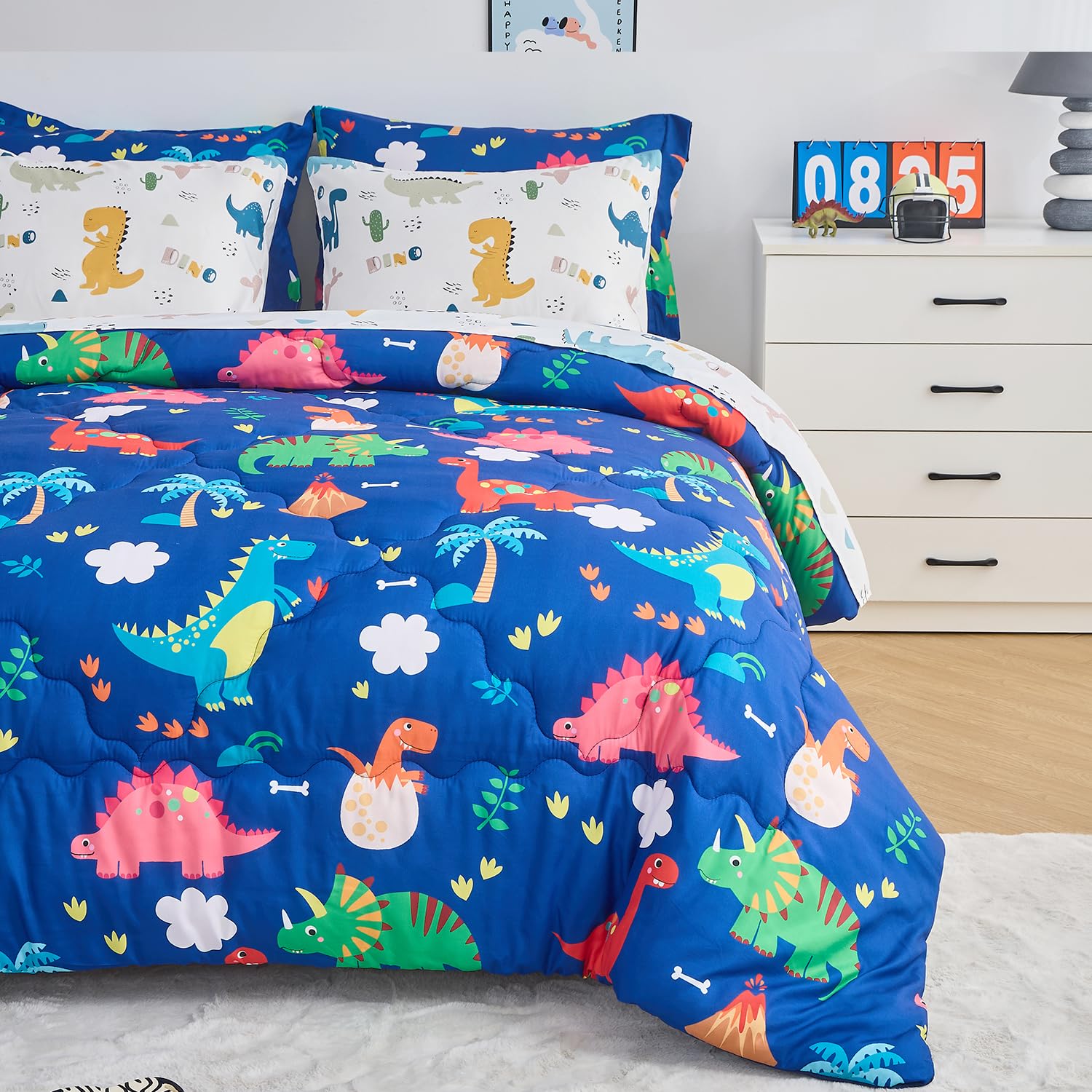 BlessLiving Dinosaur Bed In A Bag King Size - 8 Piece Comforter Set With Reversible Dino Print, Microfiber