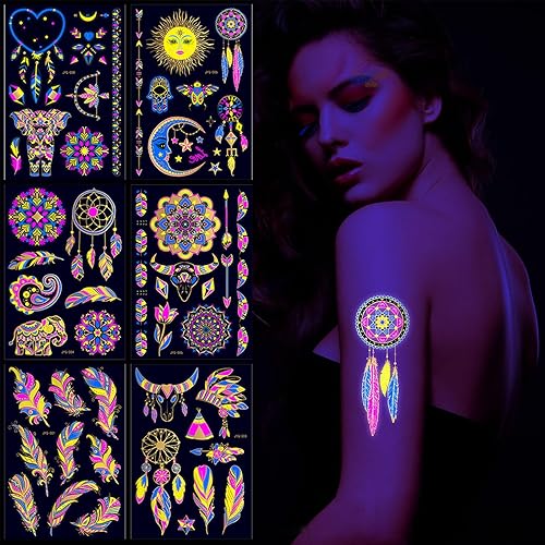 Miniatura 3 de Tatuaje temporal luminoso de neón, 6 hojas fluorescentes estampando tatuajes de maquillaje, calcomanías de tatuaje de plumas de mandala, suministros
