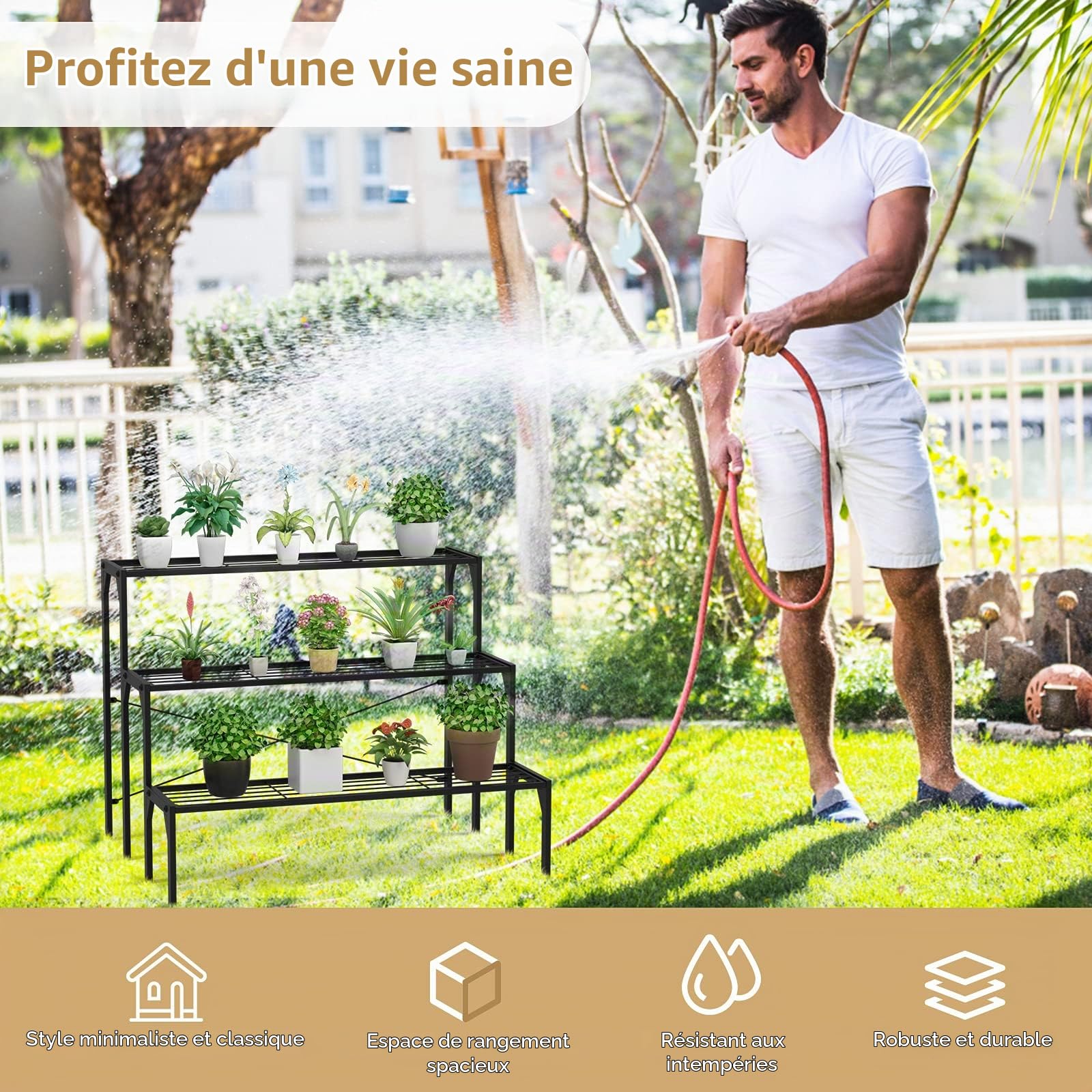RELAX4LIFE Étagère Plante en Fer à 3 Couches, Support pour Pot Plante Intérieur, Escalier Plante Charge Max 30kg par Couche Style Classique pour Jardin, 85x66x66 cm (Style 4, 3 niveaux simple)