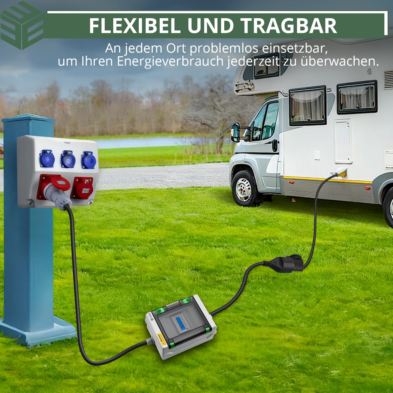 EYPINS Digitaler Stromzähler CEE Steckdose 16A 400V, IP55 Drehstromzähler mit Reset-Funktion, Energiekostenmessgerät mit 16A CEE Stecker & Kupplung für Caravan, Elektroauto