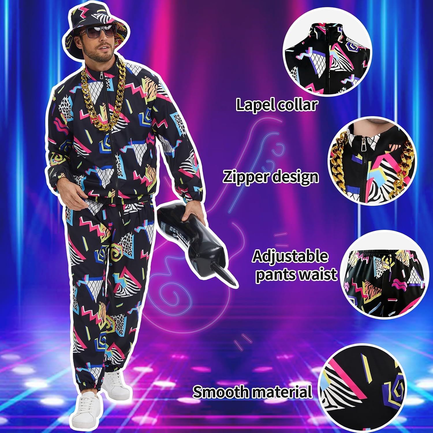 80s 90s Outfit for Men, Track Suit with Hip Hop Costume Accessories Set for Halloween 80s Themed Parties. - Image 4