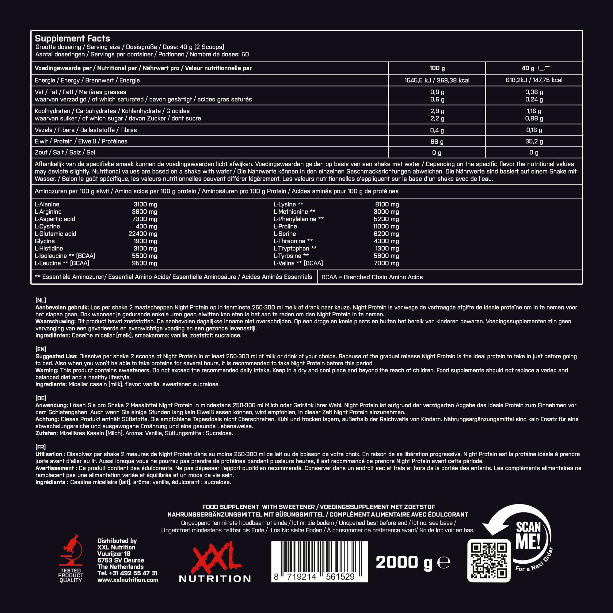 XXL Nutrition - Night Protein - Micellar Casein Protein Pulver - Hochwertiges Kasein Eiweißpulver - 2000 Gramm - Vanille