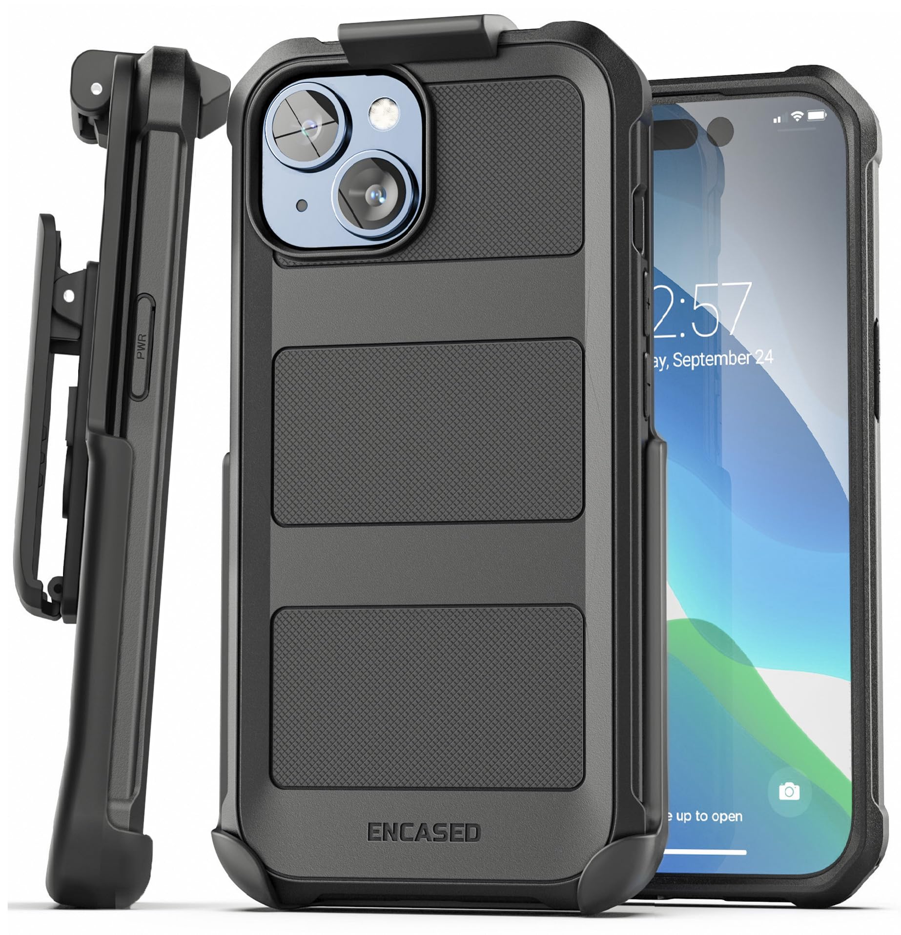 Encased Rugged Belt Case for iPhone 15 Plus (2023) with Phone Holster Clip - [Military Grade] Shockproof Cover - Compatible with MagSafe (Black)