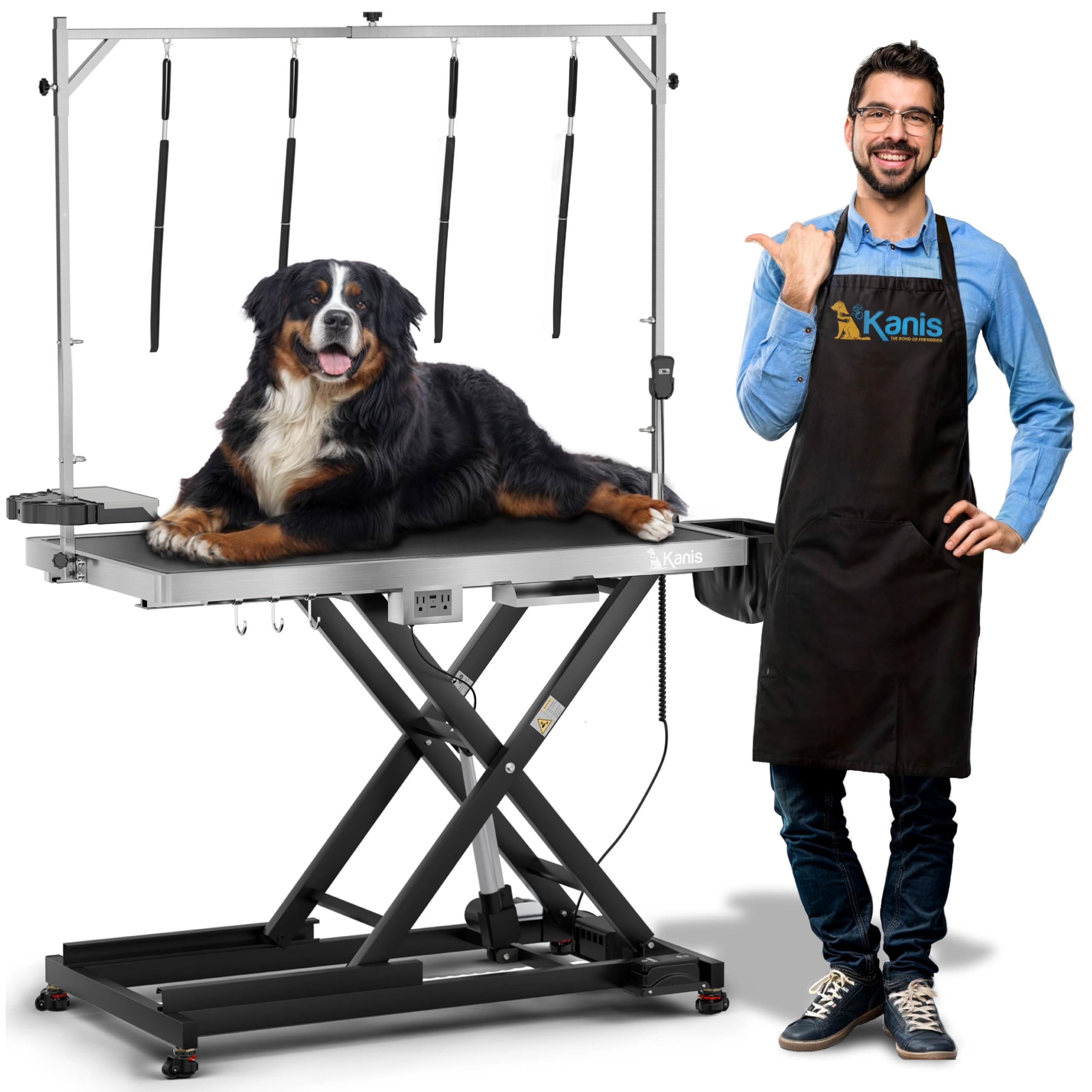 KANIS Professional Electric Dog Grooming Table - Heavy Duty, Height Adjustable Pet Grooming Table w/Leveling Wheels, Grooming Arm, Anti Slip Tabletop & Tool Organizer/Dog Grooming Station (49", BLACK)