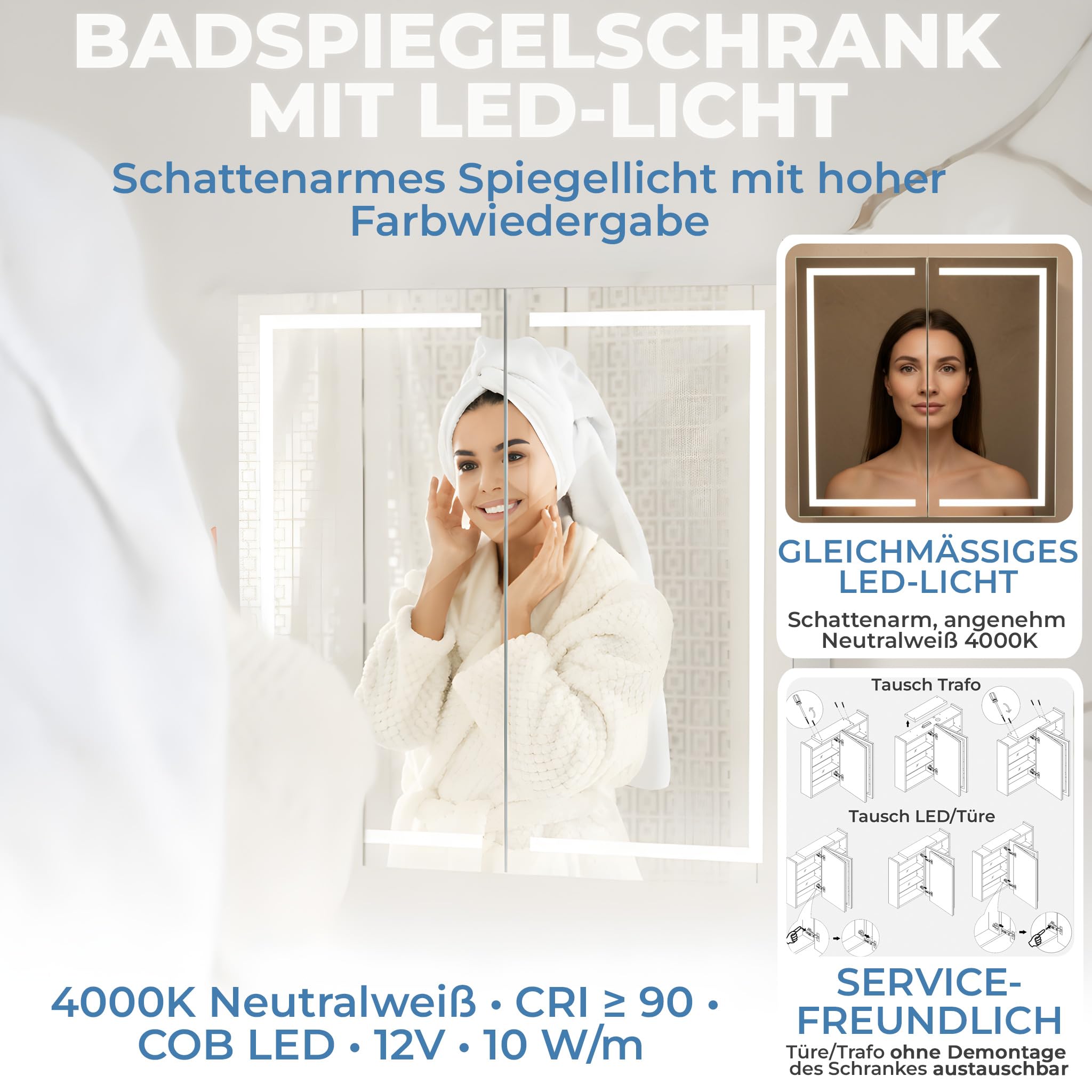 Milano Spiegelschrank Bad 100 cm, LED-Beleuchtung, Steckdose | Badspiegelschrank Weiß mit umlaufender LED-Beleuchtung, fertig montiert, Unterputz geeignet, Blum-Scharniere, Made in Europe