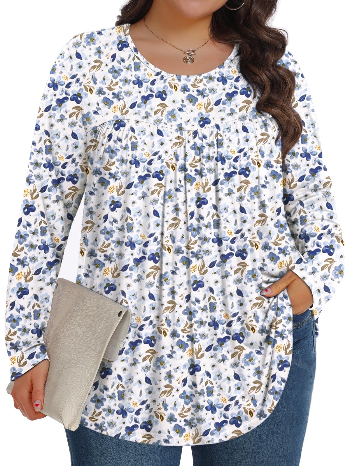 Tencede Womens Plus Size Tops Long Sleeve Tunic Crew Neck Casual Loose Shirts Clothes 1X-5X