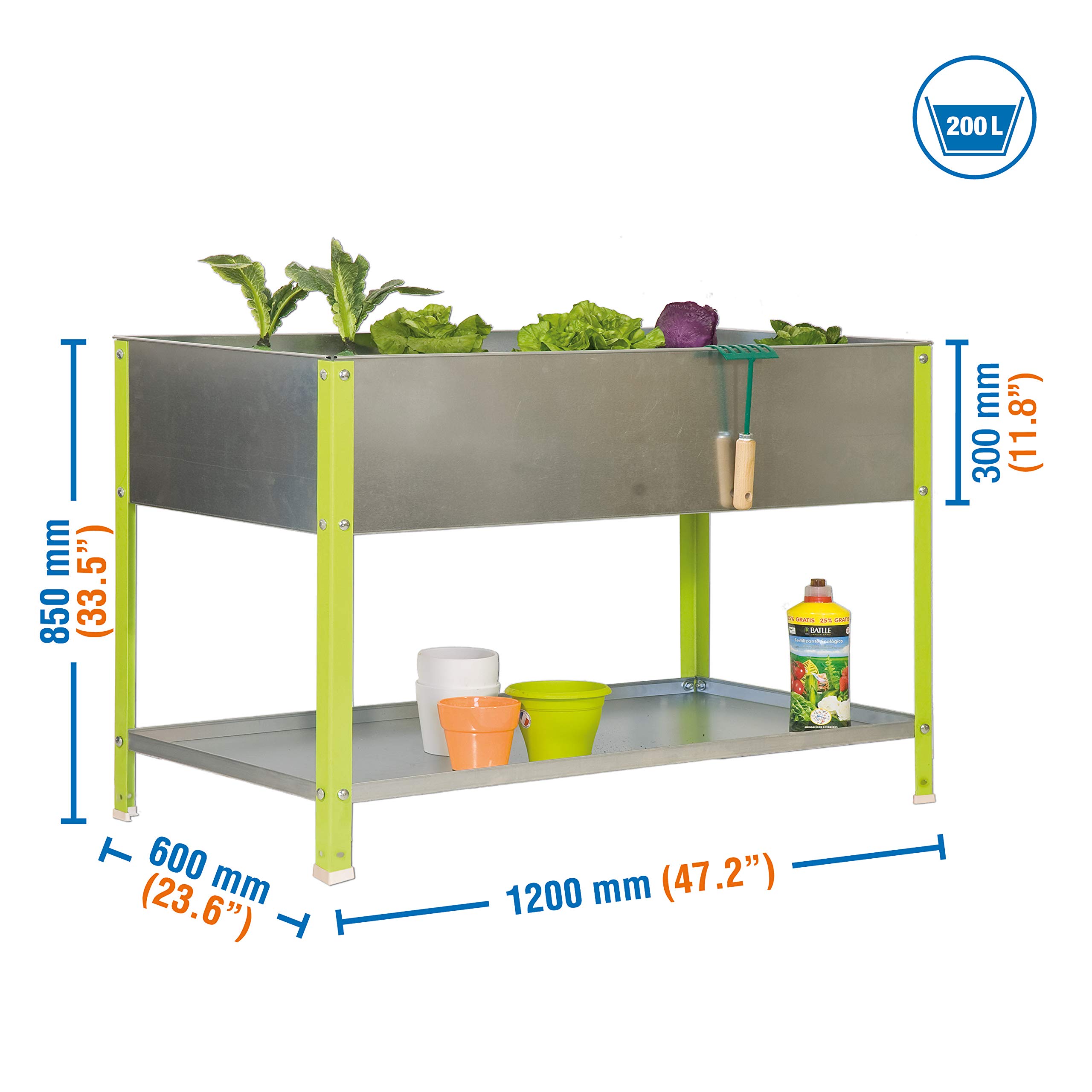 SimonRack Huerto Urbano Terraza Exterior, Agujeros Drenaje, Capacidad 200 L, Medidas 850x1200x600 mm, Huerto Metálico, Verde/Galvanizado -Simon Garden
