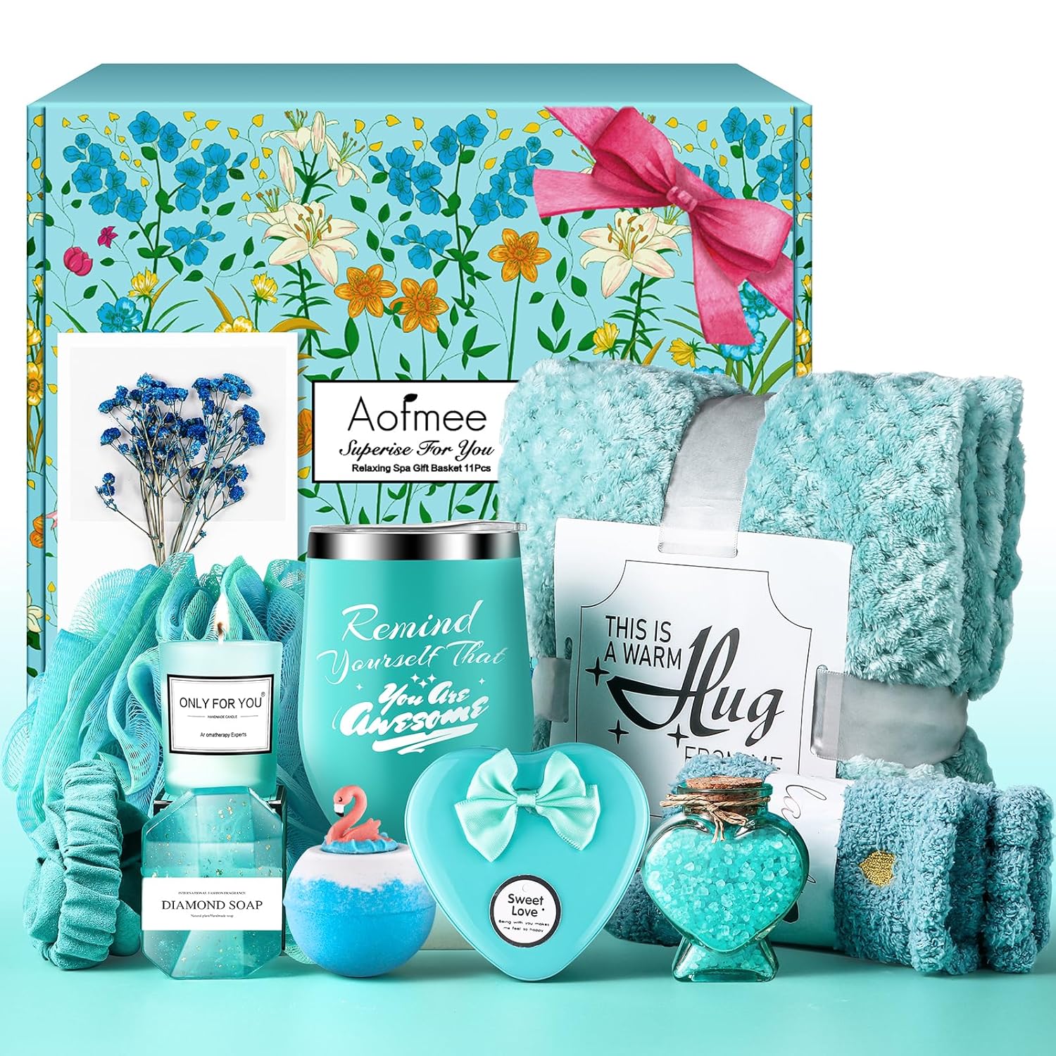 Birthday Gifts for Women, Thinking of You Gift Care Package with Luxury Flannel Blanket for Women Mom Her Wife Friends Sister, Blue Self Care Spa Relaxing Baskets for Christmas Valentines Mothers Day
