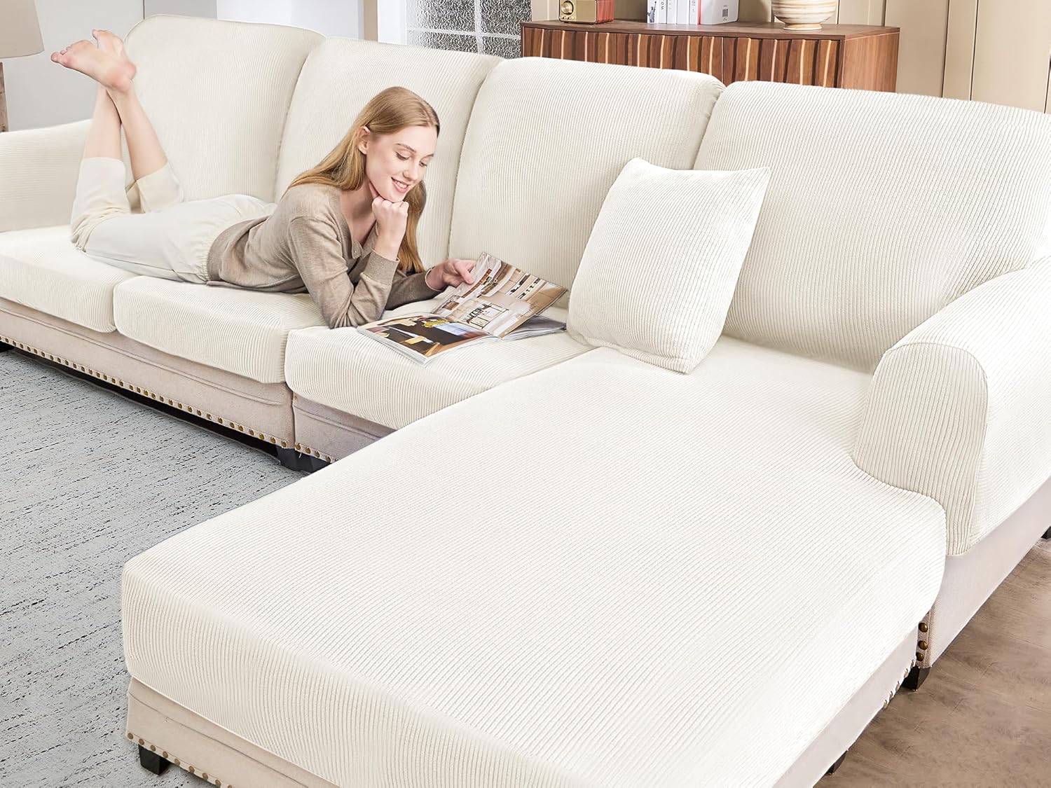 Sectional Couch Covers for Sofa Cushion L Shaped Couch Cover Washable Soft Couch Cushion Covers Stretch Sofa Slipcovers with 2 Pcs Pillowcases(3-Piece 2 Seater + 1 Chaise, White) White 2 Seat Covers + 1 Chaise