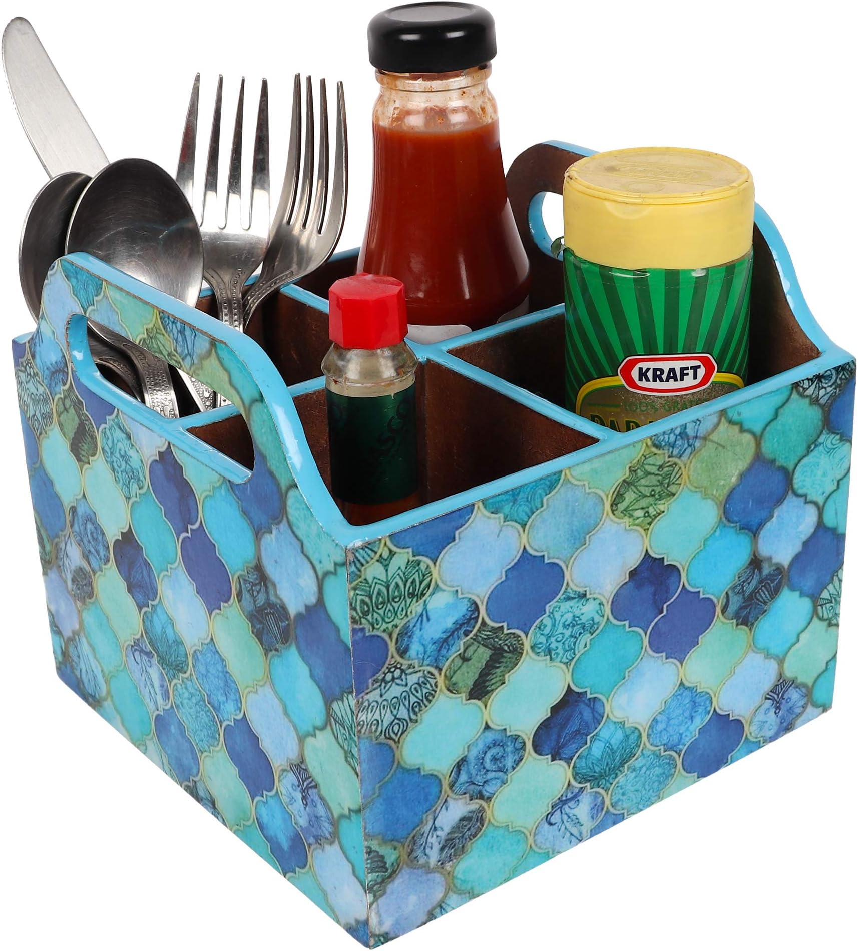 BeFunky MDF Wooden Special Enamel Coating Cutlery Stand with 4 Compartments/Holder for Dining Table and Kitchen (Blue Net)