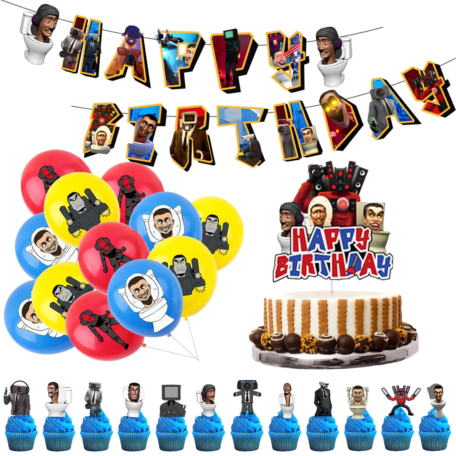 Toilet Birthday Party Decorations Set Toilet Creative Party Supplies,Toilet Theme Happy Birthday Banner Skibidi Toilet Balloons,Toilet Cake Cupcake Toppers for Girls Boys Kids Birthday Party