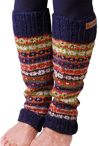Pachamama 100% Wool Legwarmer Handknitted Flecked Stripe Blue Multicoloured Regular Fit Handmade Extra Warm Fair Trade