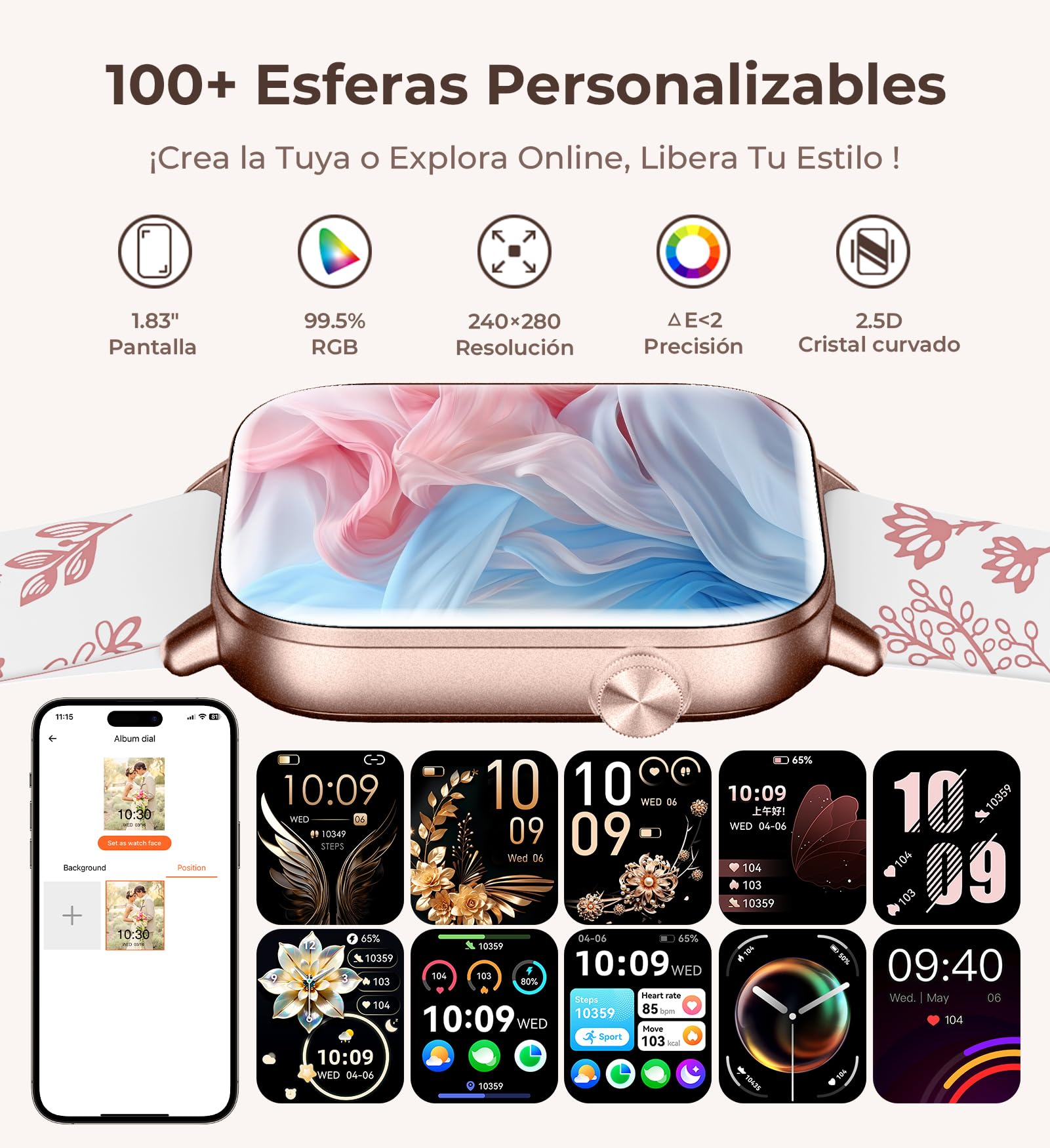 Iaret Reloj Inteligente Mujer, 1.83" Smartwatch con 4 Correas, Llamadas Bluetooth, Monitor Sueño/Ritmo Cardíaco/SpO2/Menstrual, 110+ Modos Deportivos Pulsera Actividad para iOS/Android, Oro Rosa