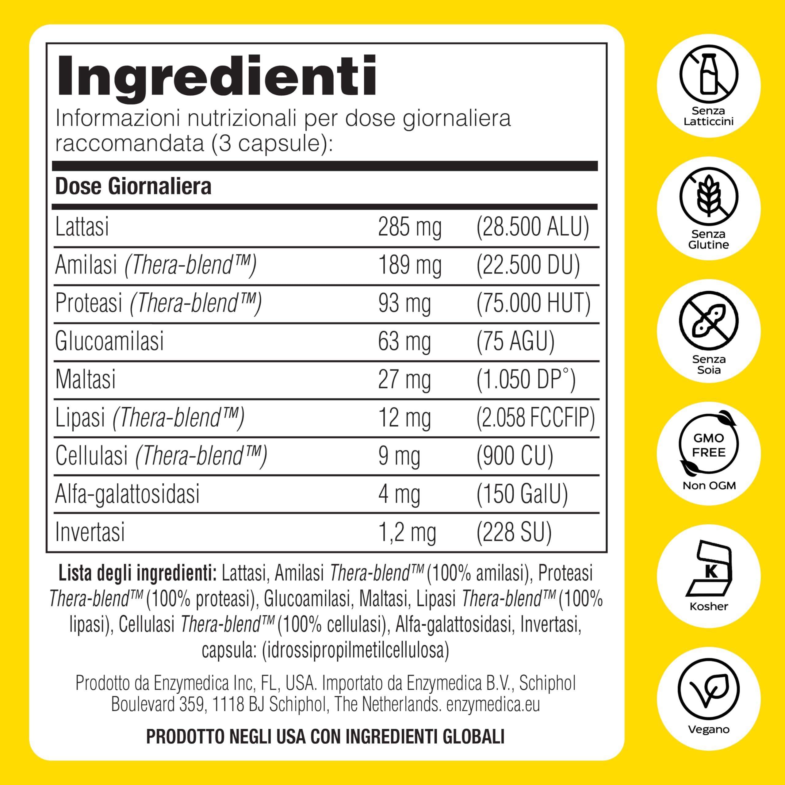 Enzymedica, Lacto, Integratore Alimentare a Base di Enzimi, Indicato per Intolleranza a Lattosio e Caseina, Contro Irregolarità e Gonfiore Addominale, Gluten Free, Senza Lattosio, Vegano, 90 Capsule