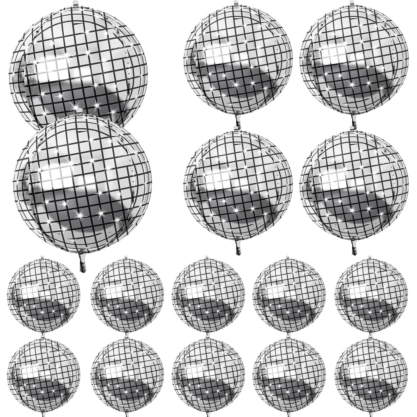 HILAVO 16PCS Disco Ball Balloons, 32in 22in 10in Large 4D Metallic Silver Disco Balloons Foil Balloon for 70s 80s 90s Discos Party Birthday New Year