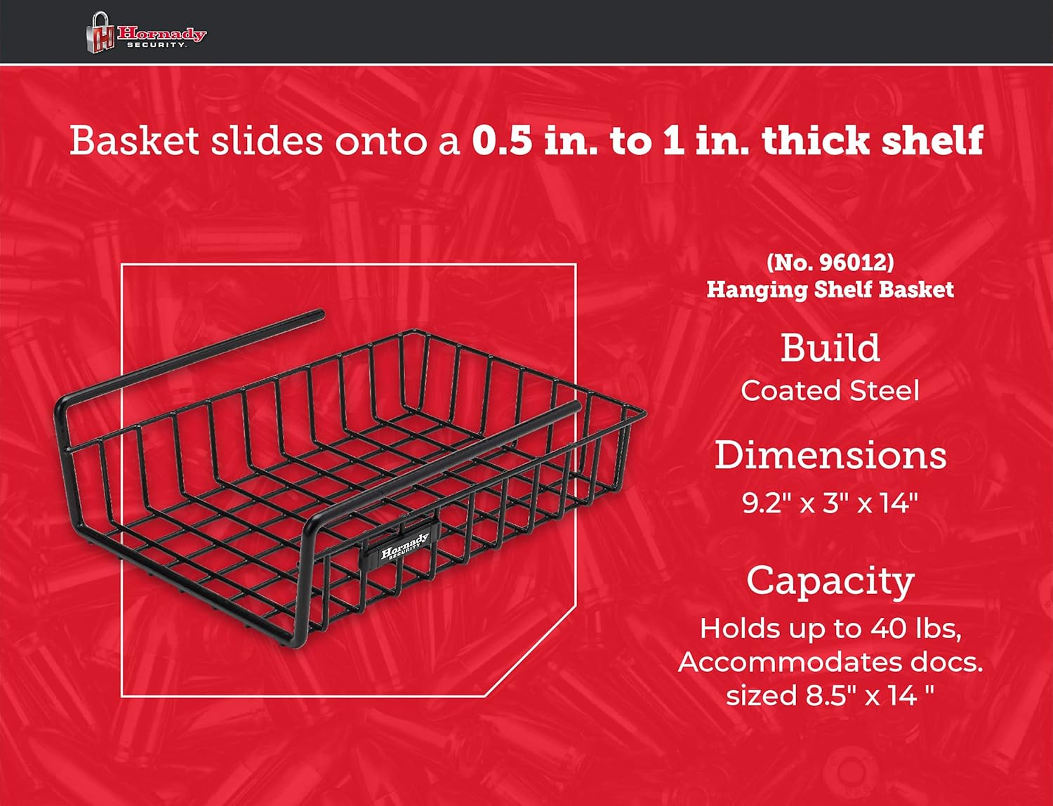 Hornady Hanging Shelf Document Basket, 96012 - Coated Wire Basket Maximizes Storage for Documents, Gun Accessories, & Ammo - Easy Access Under Shelf Storage for Gun Safes - Holds Up to 40 Pounds