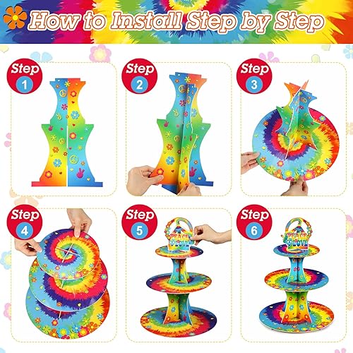 Miniatura 4 de Decoraciones de fiesta temática hippie de 3 niveles de los años 60, soporte para cupcakes de los años 60, decoración de letrero de la paz, soporte