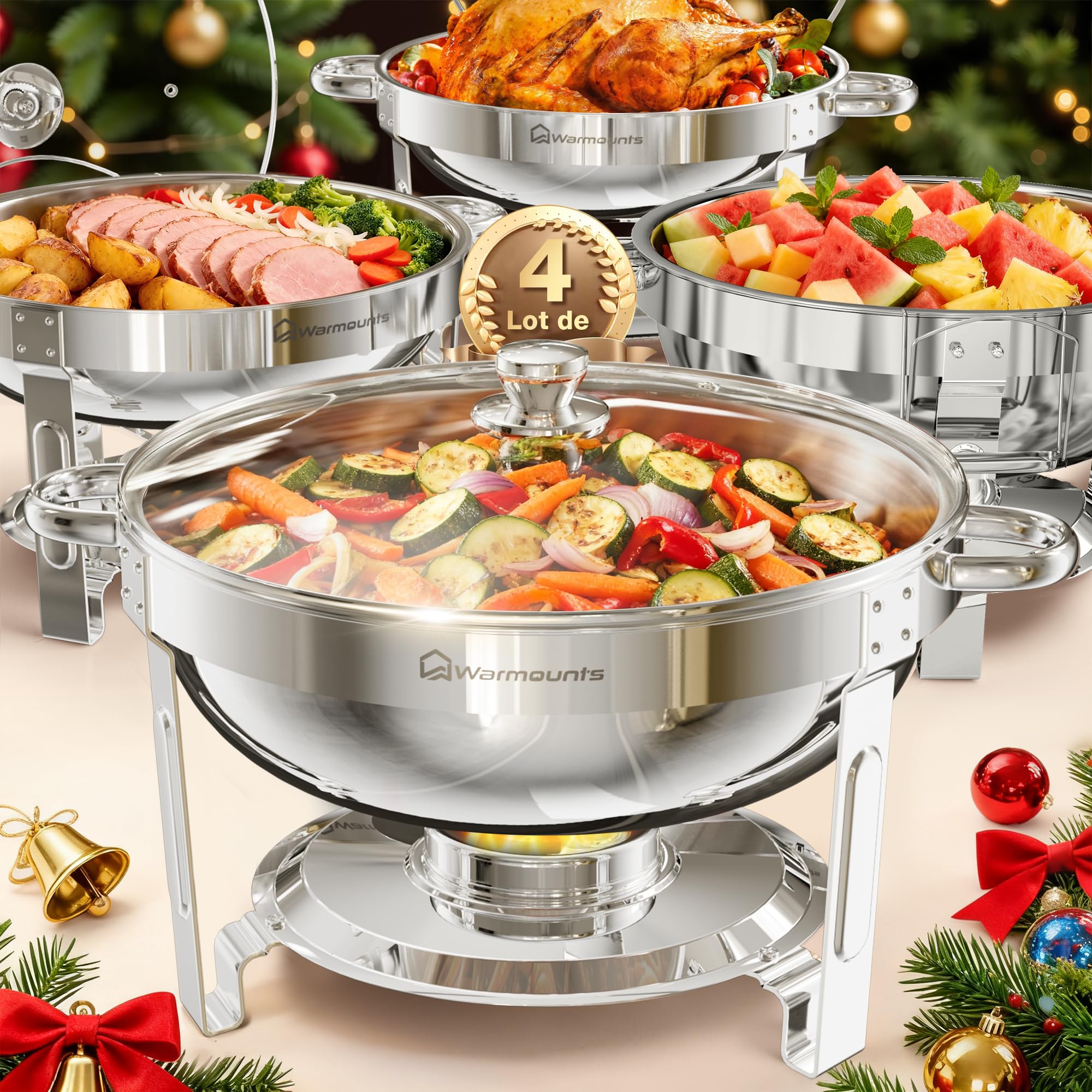 WARMOUNTS Lot de 4 Chafing Dish 5 L, Ronds Réchaud à Buffet avec Couvercle en Verre, Buffets Chauffants en Acier Inoxydable Idéal pour Fêtes, Événements, Mariages, Dîners, Noël et Camping