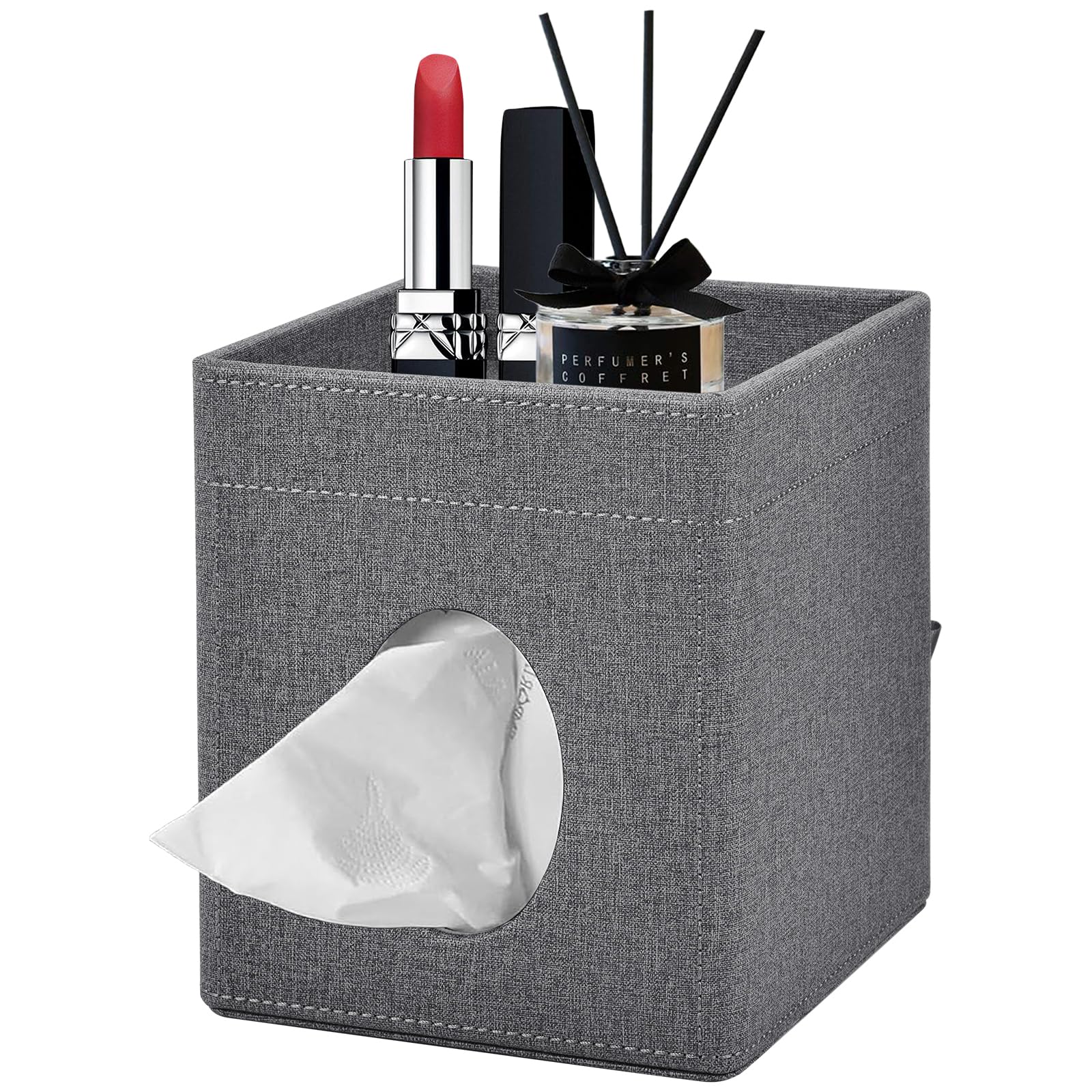 Porta Fazzoletti Quadrato,PU Pelle Scrivania Organizer per Fazzoletti per il Viso,con Vassoio Portaoggetti per Bagno,Camera da Letto,Ufficio,Auto,Elegante Controsoffitti Organizer,Grigio