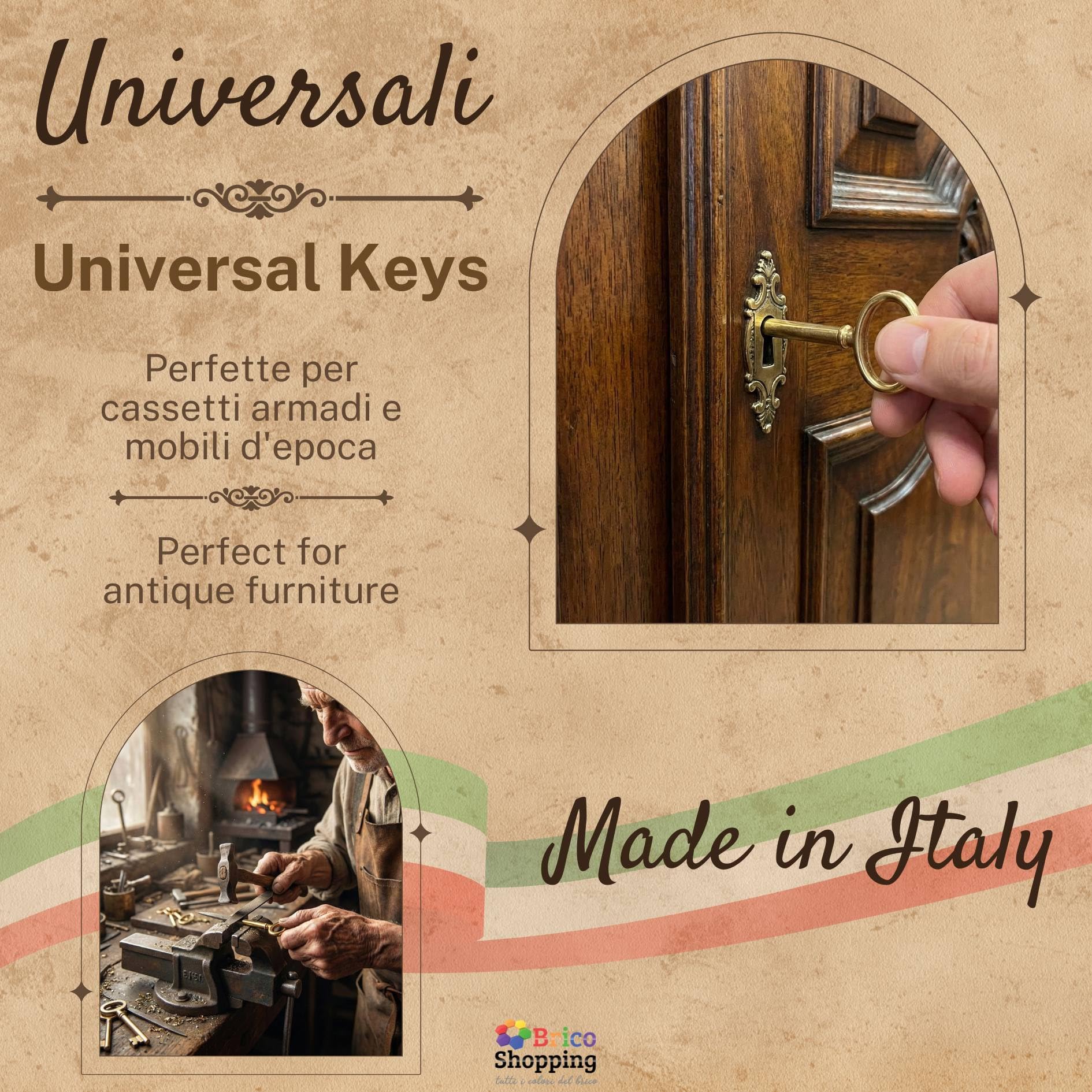 BricoShopping Chiavi Per Mobili In Arte Povera E Armadi Antichi Classici Moderni Chiave Universale In Stile Per Serratura Di Armadio In Ottone Chiave A Mappa Anticata Cassetto (BS0309, Ottone Lucido)
