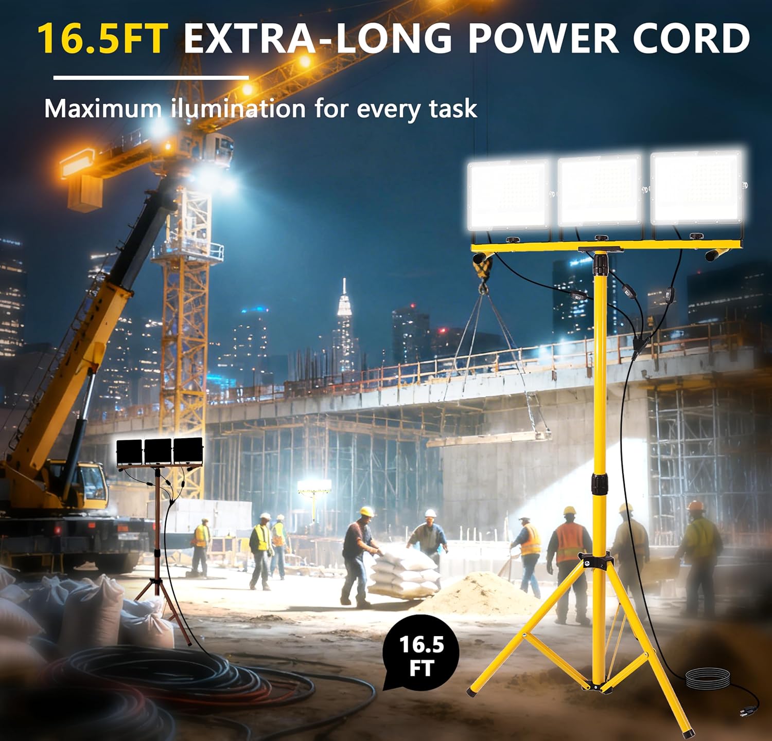 45000 Lumen LED Work Lights with Stand - 3 Head Portable Work Light with Tripod - IP65 Waterproof Tripod Work Lights for Outdoor Indoor Job Site Workshop Garage Construction Site Lighting - Image 2