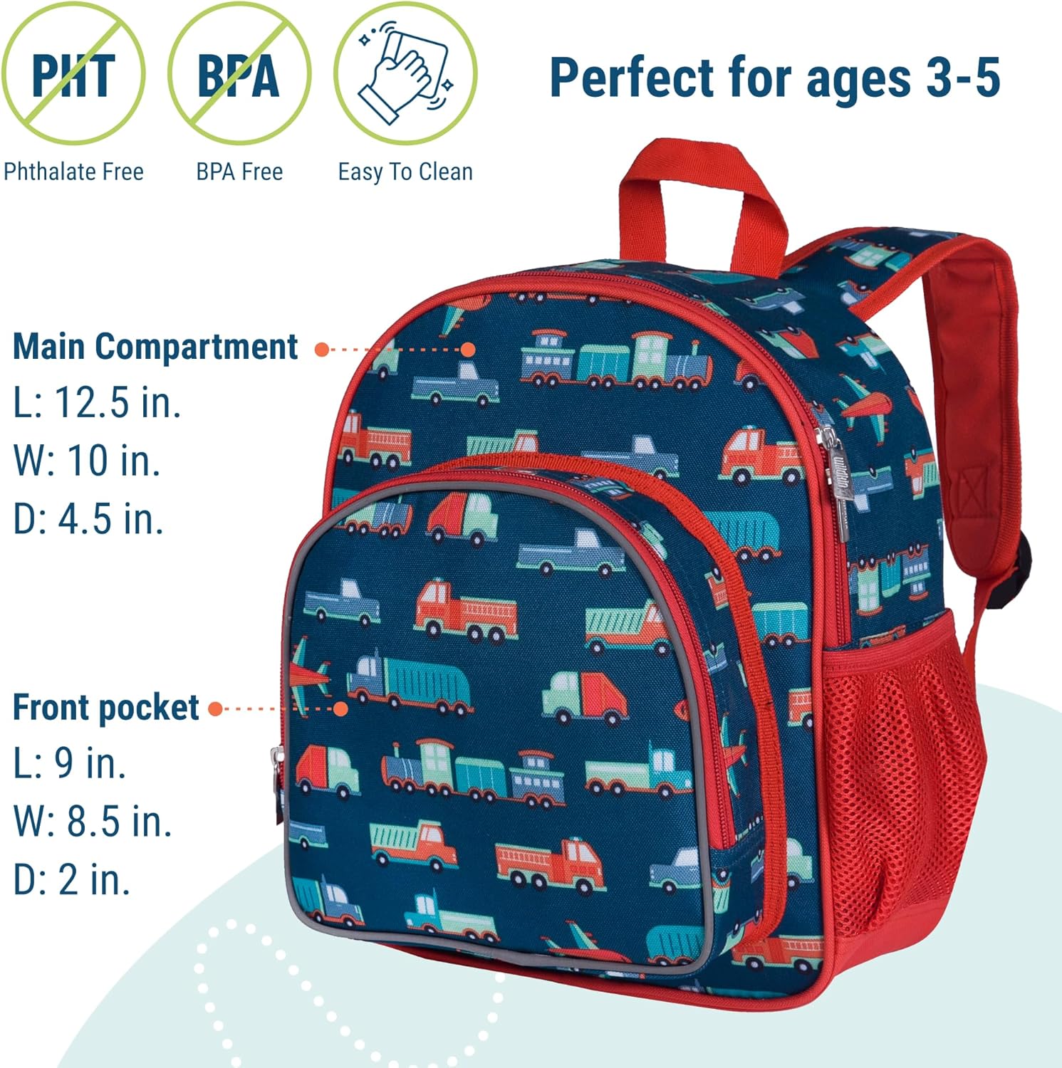 Wildkin Kids 12-inch Toddler Backpack – Padded Lightweight School Bag for Daycare, Preschool & Travel, Adjustable Straps & Multiple Pockets, Boys & Girls Ages 3–7 – Transportation