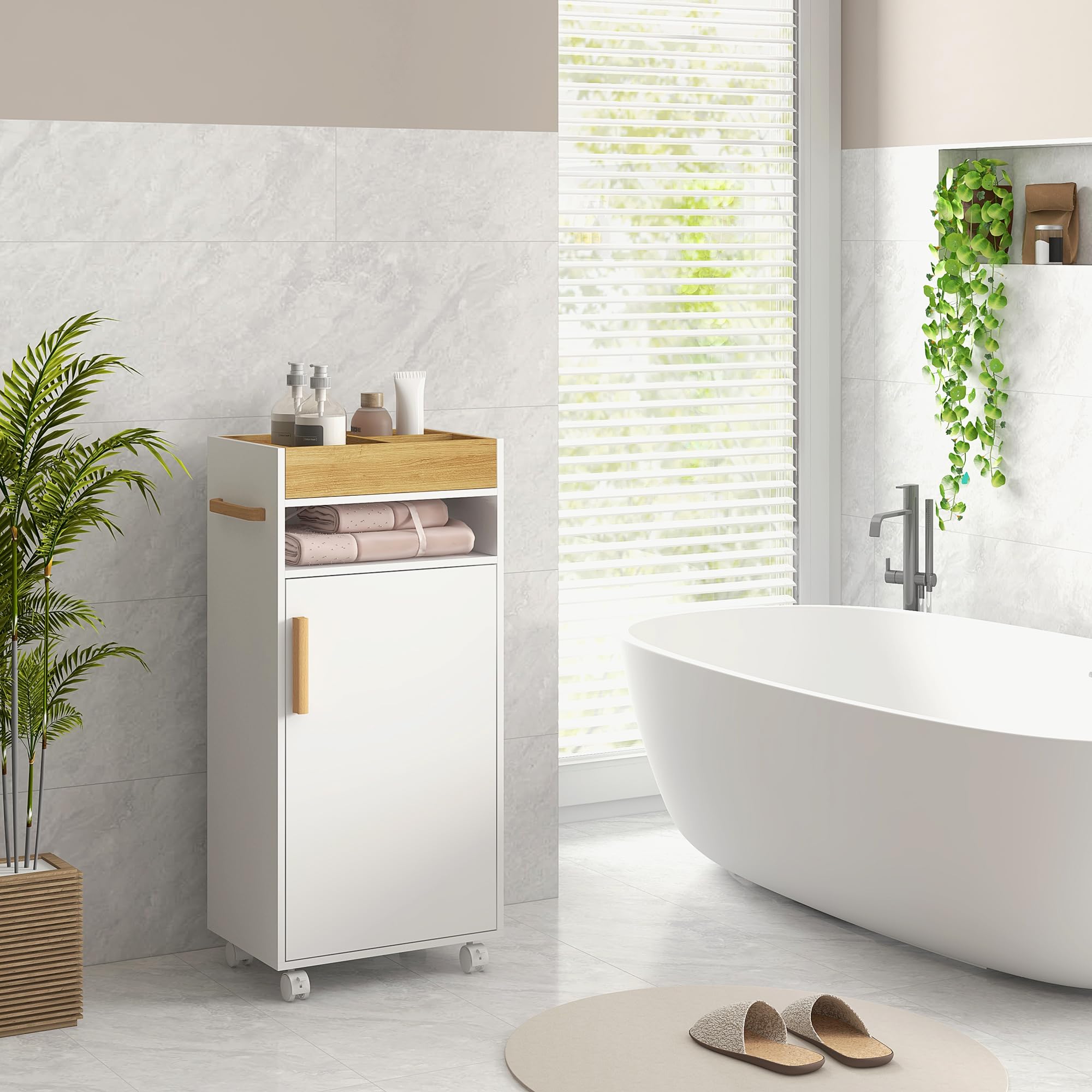 kleankin Armario de Baño Moderno con Ruedas 40x30x88 cm Blanco y Roble | Mueble Auxiliar de Baño, Mueble de Suelo, Estantes Ajustables, Bandeja Extraíble