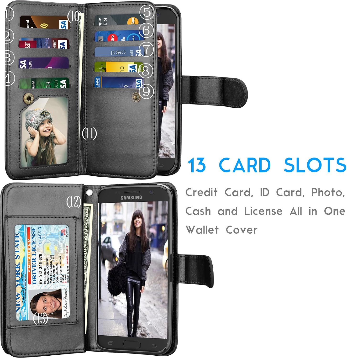 Tekcoo for Galaxy S7 Edge Case / S7 Edge Wallet Case, ID Cash Credit Card Slots Holder Purse Carrying PU Leather Folio Flip Cover [Detachable Magnetic Hard Case] Kickstand for Samsung S7 Edge - Black