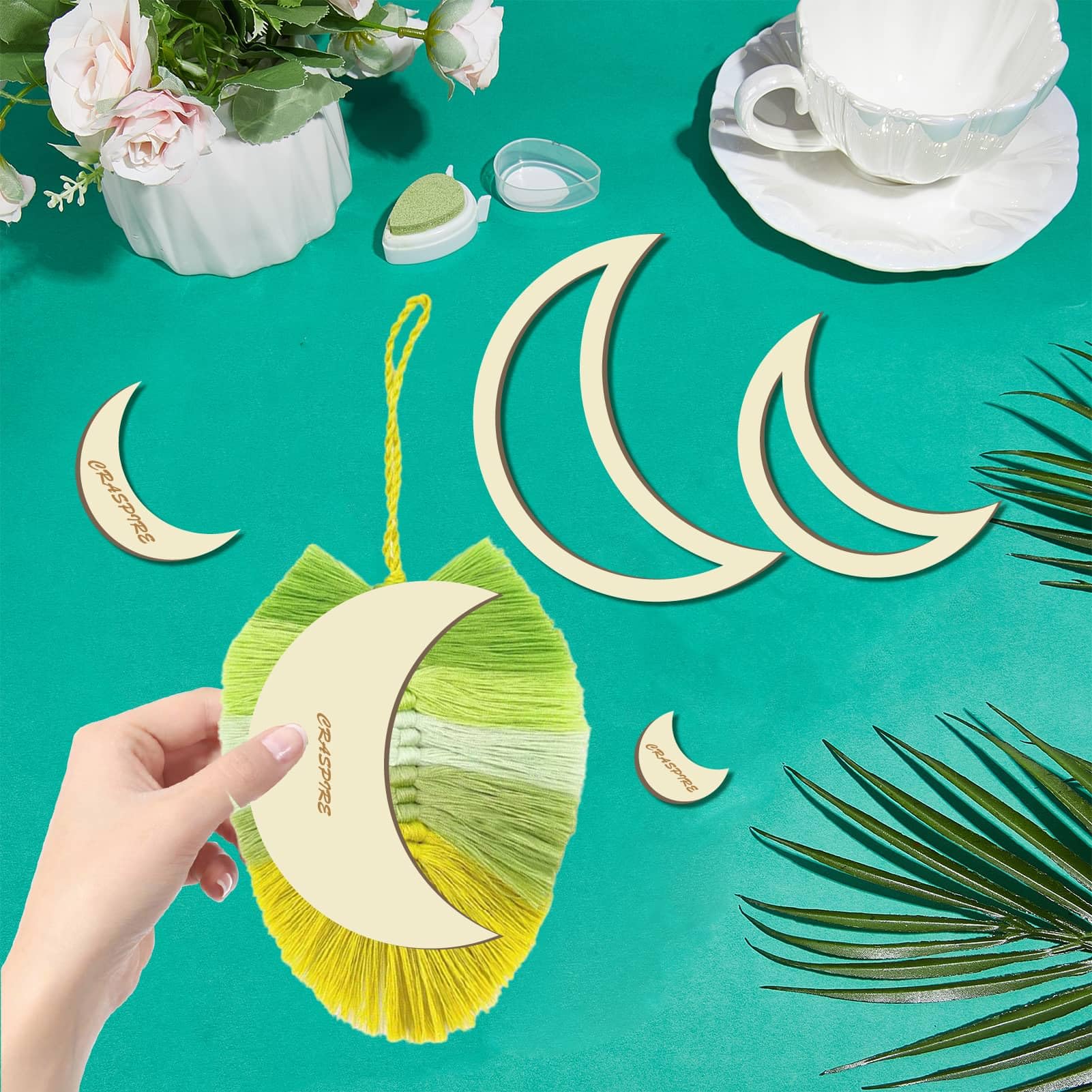 CRASPIRE 8Pcs 5 Size Moon Macrame Cutting Molds Wood Rings Rustic Natural Wooden Cutting Template Frame Dream Catcher Rings Feather Tassel Wall Hanging Wreath Tool for DIY Crafts Making Home Decor - Image 4