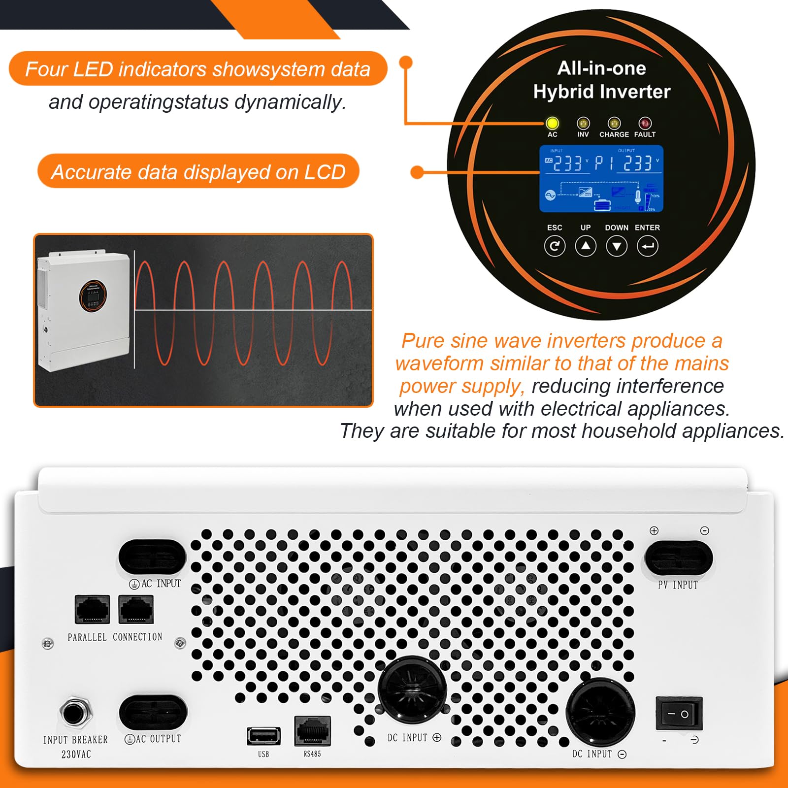 Inversor Solar Híbrido 3600W/6000W/12000W, Convertidor 48V a 220V
