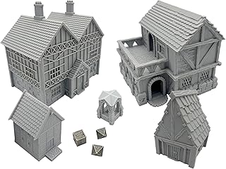 Paintable Tabletop Miniature Little Town Building Terrains Compatible with RPG War Games - 18mm Scale Dioramas Building Set Scenery with Medieval Architecture Style by HAUTICO (HVillageHouses4-1)