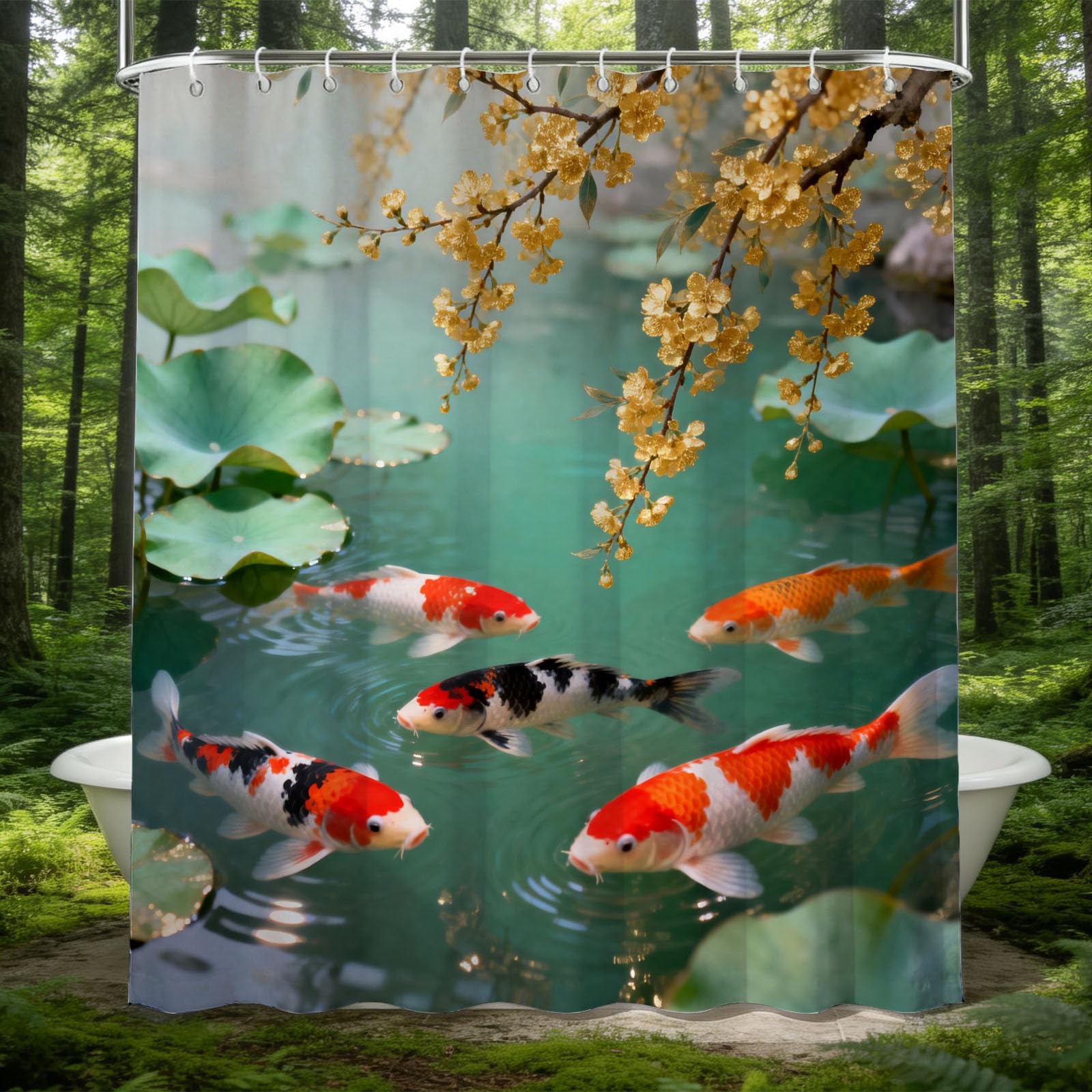 Hongduo 3D Cartoon Koi Shower Curtain for Stalls Bathtubs Lotus Leaf Bathroom Decor Shower Curtain Set Polyester Fabric Waterproof 120x180cm/48X71 Inch with Hooks