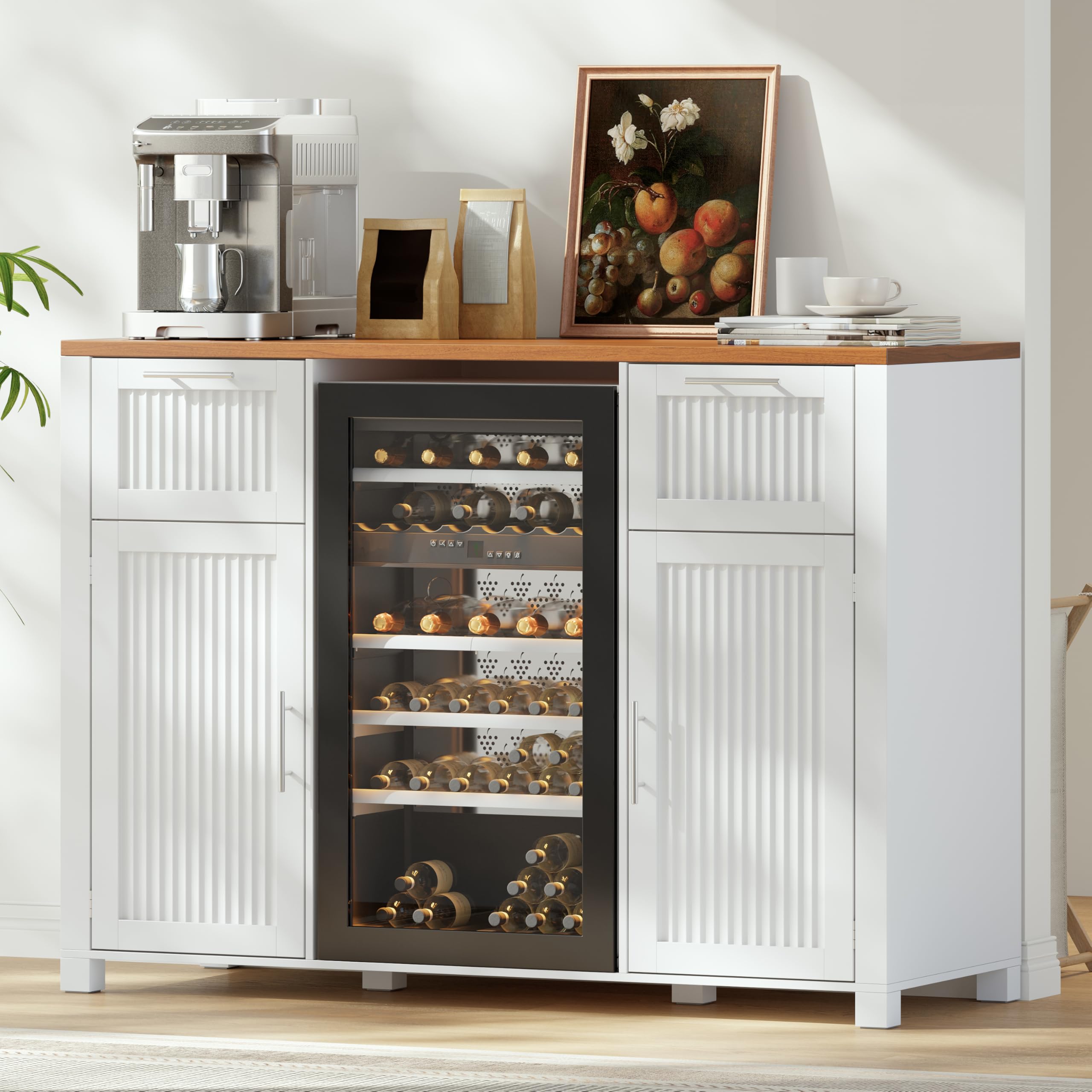 53" Long Fluted Mini Fridge Cabinet with Power Outlet &amp; 2 Drawers, White