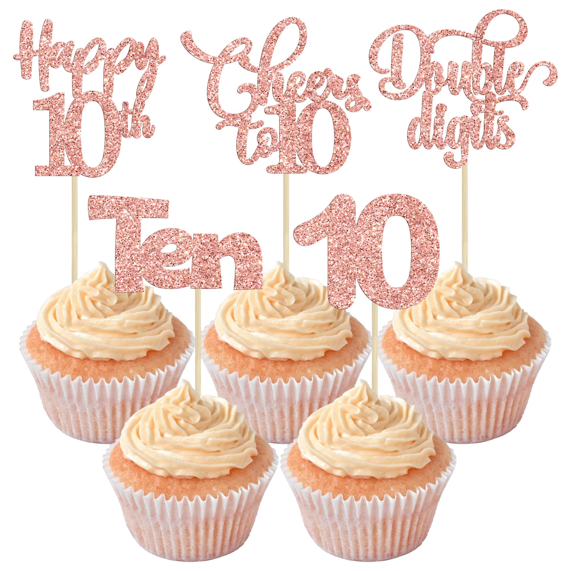 30 Pack Happy 10th Birthday Cupcake Toppers - Glitter Double Digits Cheers to 10 Years Old Cupcake Picks for Anniversary Party Cake Decorations - Rose