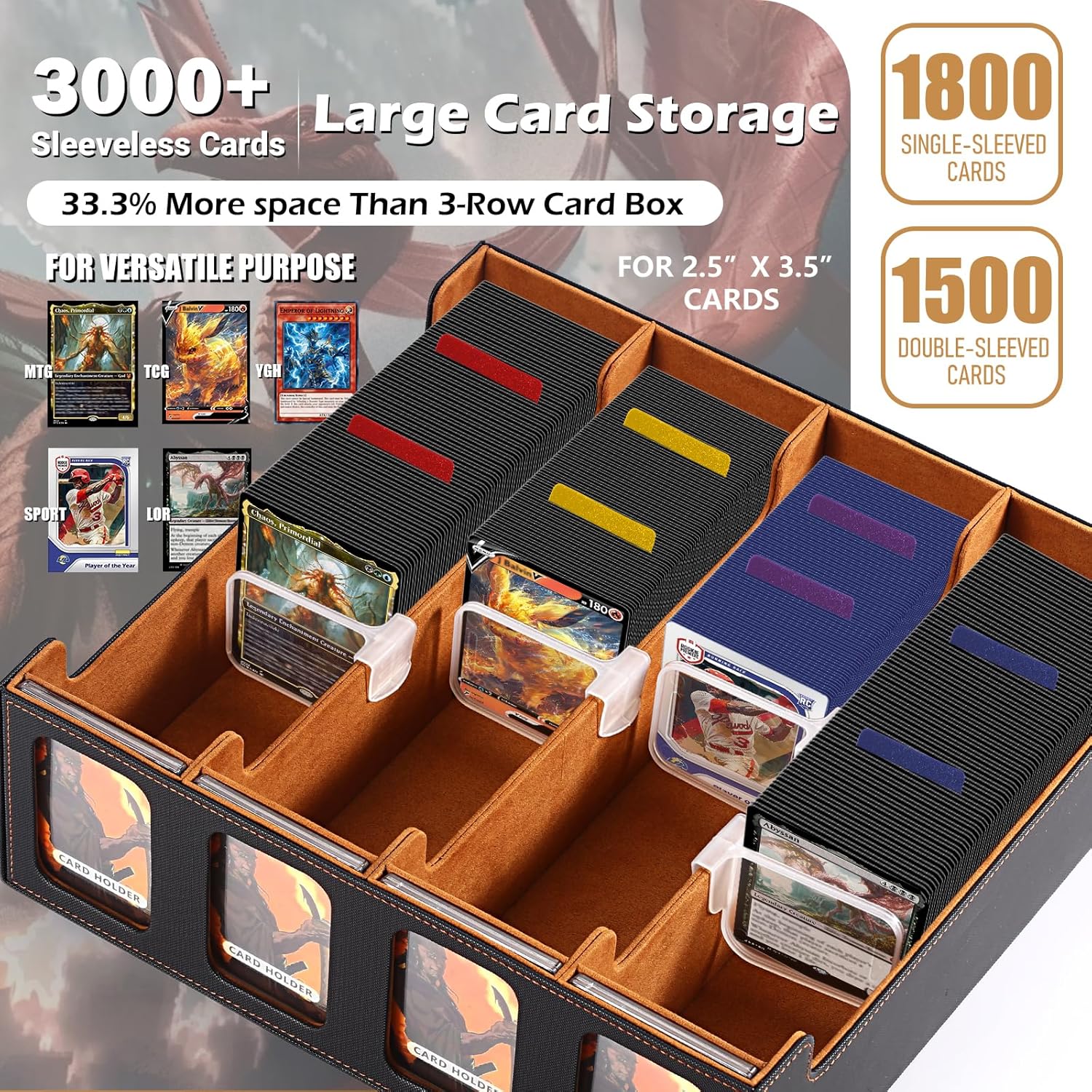 Ultra-Capacity 4-Row Trading Card Storage Box with Commander Display, Holds 3000+ Cards with Dividers & Card Holders, PU Leather MTG Commander Deck Box, YuGiOh, TCG, Sport Cards (Black/Gold)