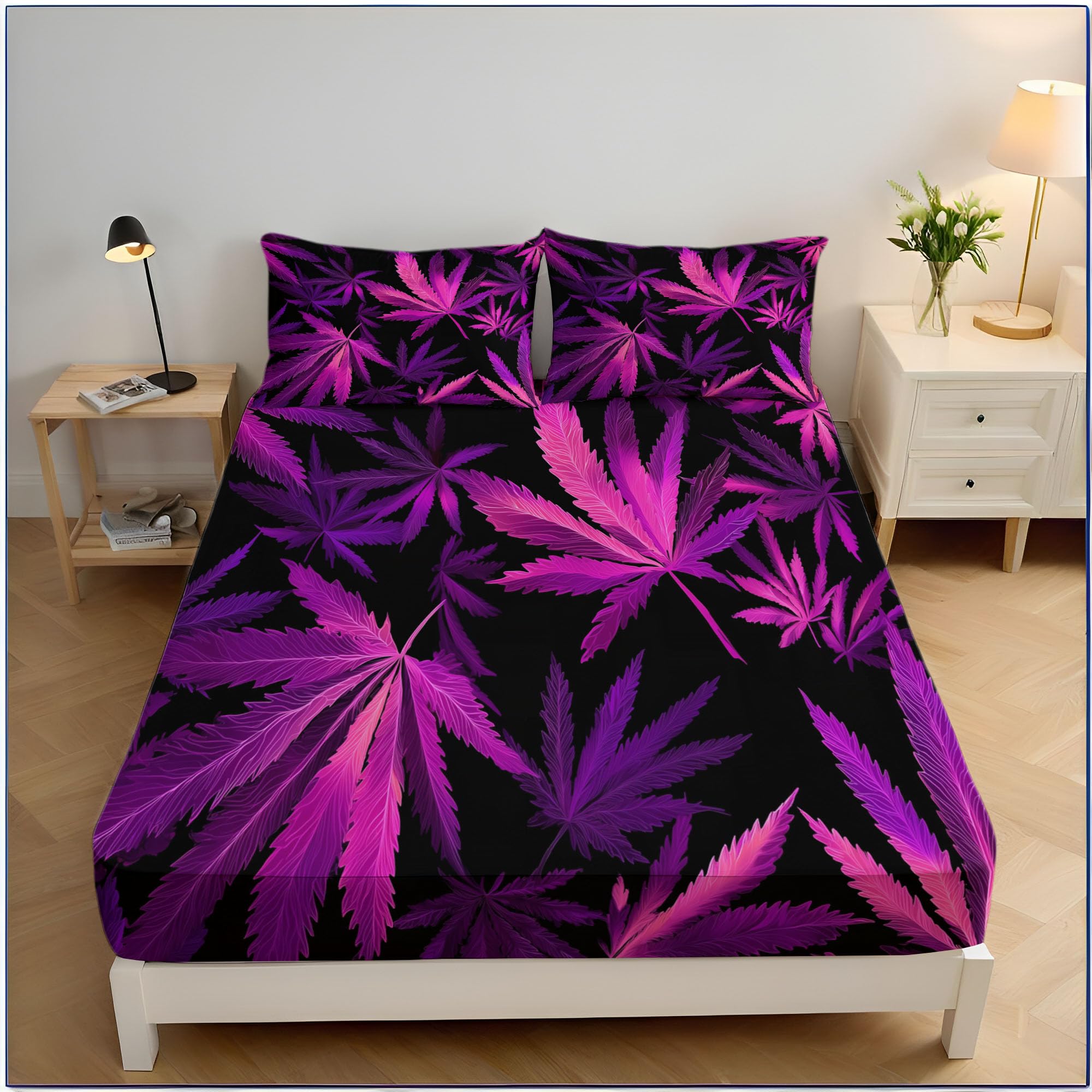 Drap housse microfibre 140x200 violet imprimé feuille de chanvre pour grand matelas