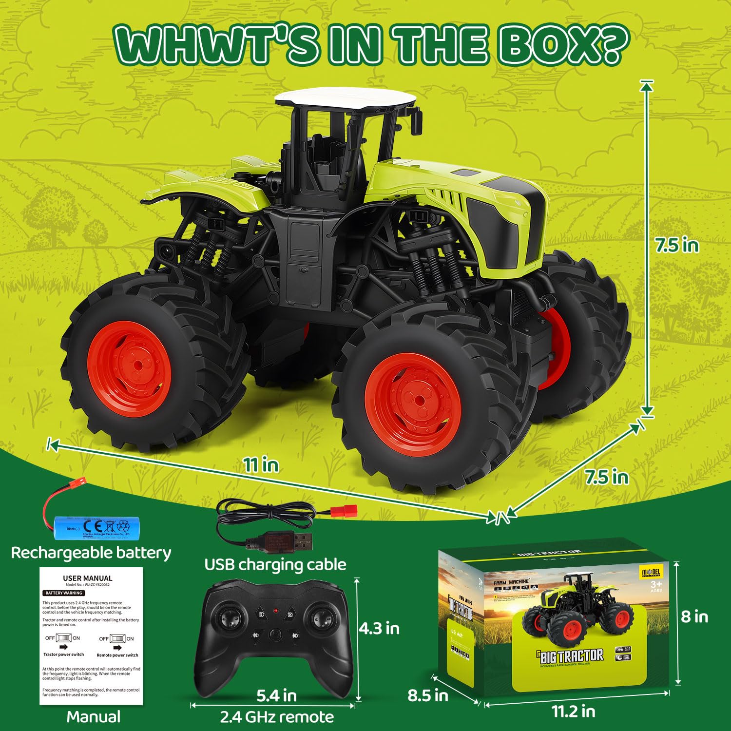 RC Tractor Teledirigido para Niños - 2,4 GHz 1:16 Juguete Tractores Granja Camión Monstruo con Luz para Niños 3 4 5 6 7 8 Años