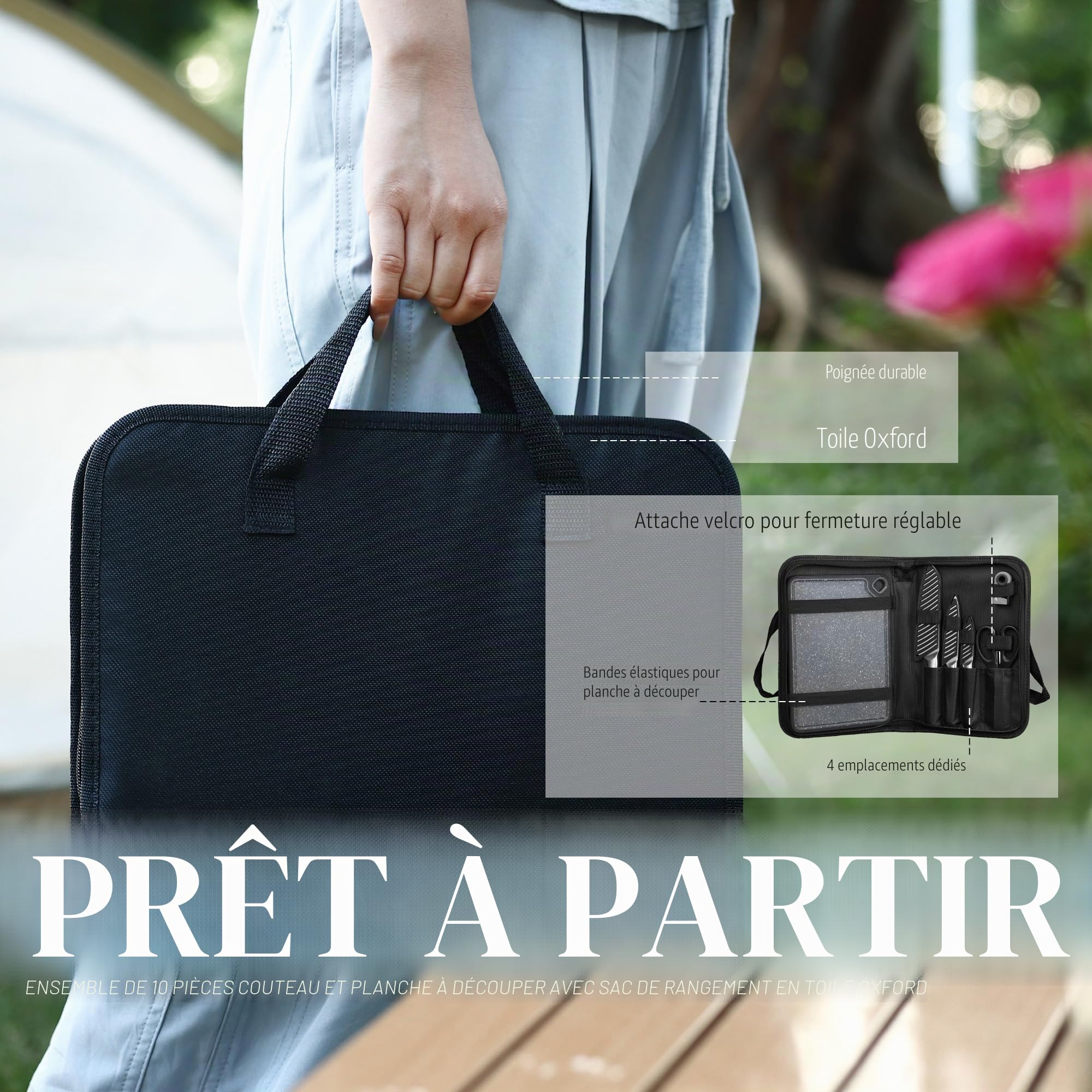 hecef set couteaux de cuisine professionnels en acier inoxydable, avec étuis, planche réversible, affûteur à 2 étapes, ciseaux et sac de transport, 10 pièces ustensiles de cuisine pour l'extérieur