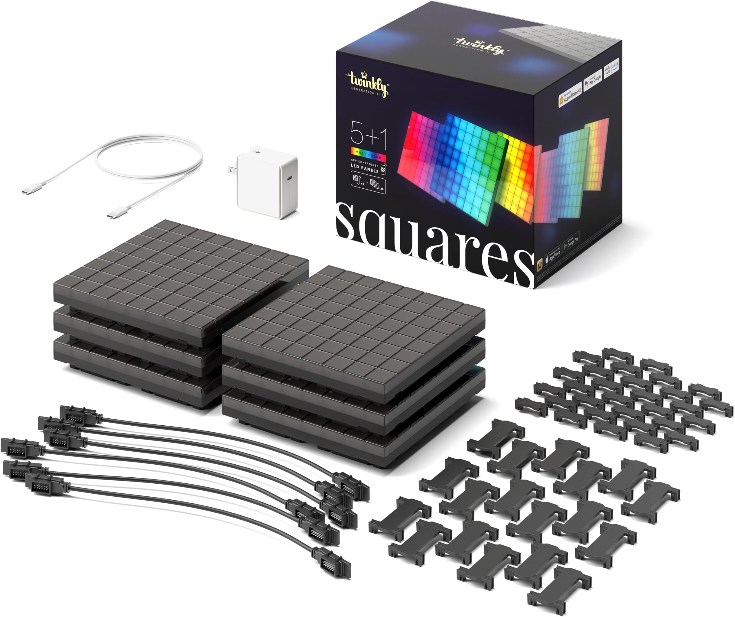 Squares Starter Kit App-Controlled LED Wall Panels with 64 RGB (16 Million Colors) Pixels. Black. 1 Master Tile + 5 Extension Tiles. Indoor Panel Light Smart Home Lighting Decoration