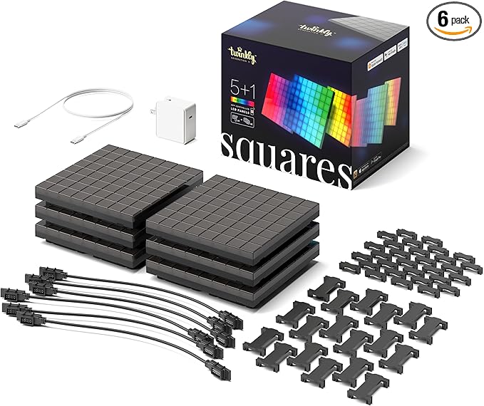 Twinkly Squares Starter Kit App-Controlled LED Wall Panels with 64 RGB (16 Million Colors) Pixels. Black. 1 Master Tile + 5 Extension Tiles. Indoor Panel Light Smart Home Lighting Decoration