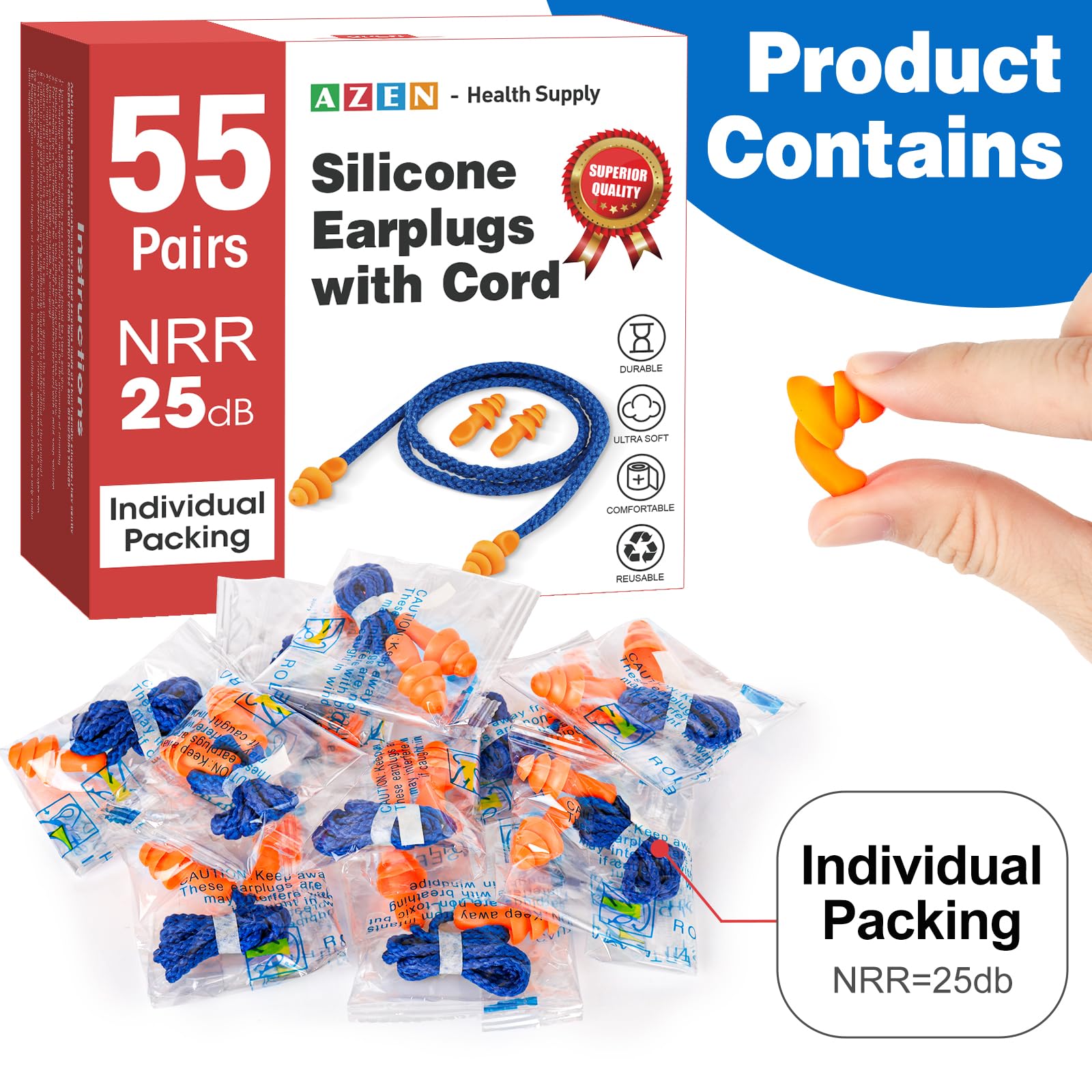 AZEN 55 Pairs Silicone Ear Plugs, Reusable Earplugs for Noise Reduction, 25dB NRR Corded Ear Plugs for Sleeping Noise Cancelling, Ear Plugs with String Individual Packing