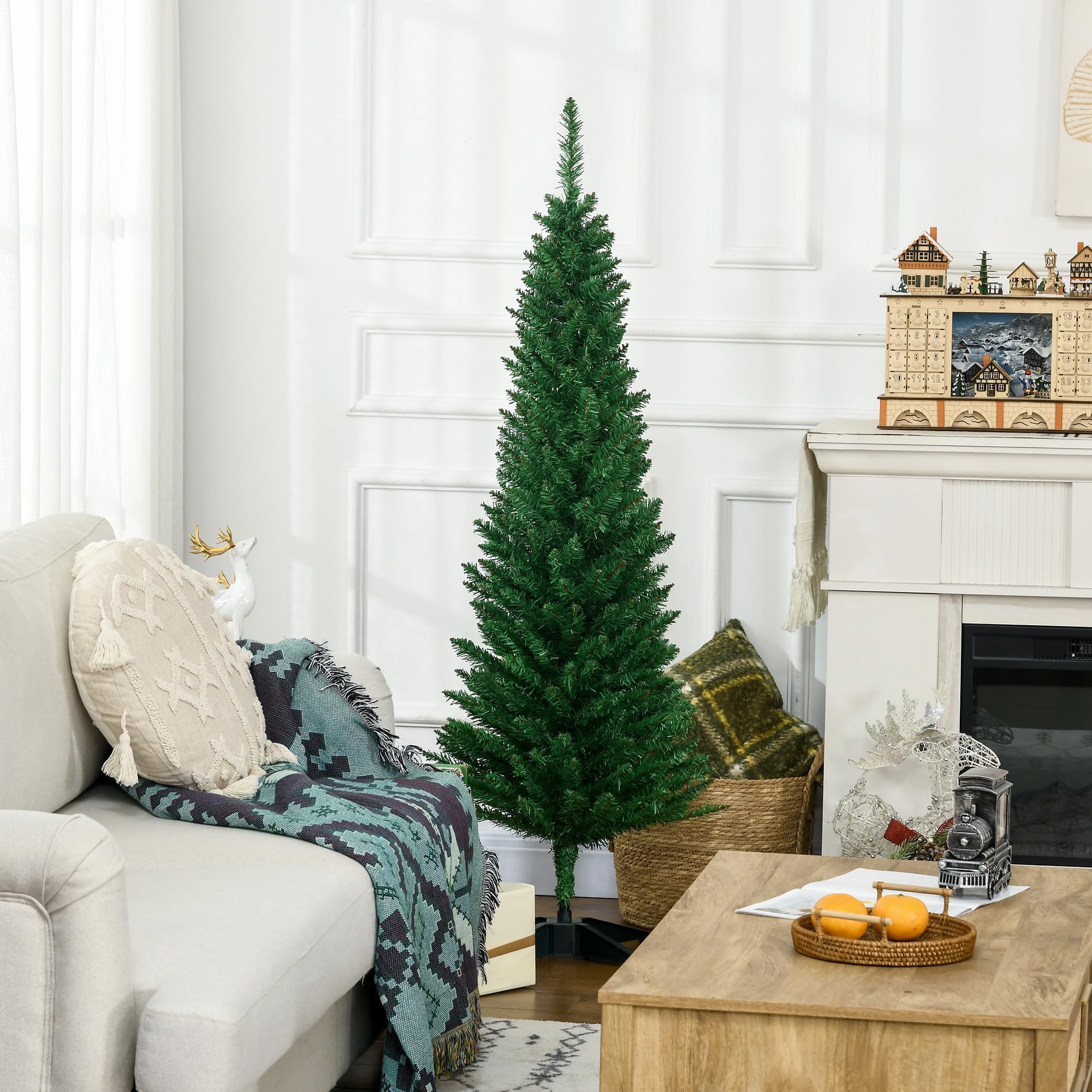 HOMCOM 5' Artificial Pencil Christmas Tree, Slim Xmas Tree with 294 Realistic Branch Tips and Plastic Stand, Light Green