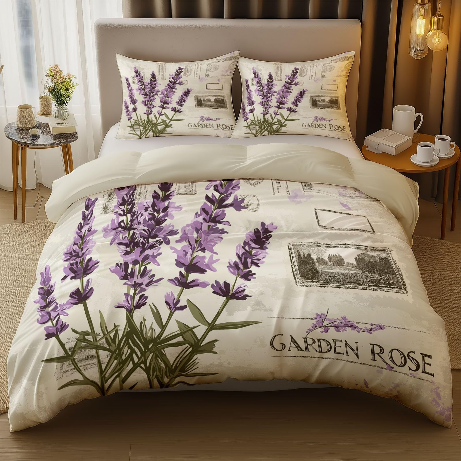 Dwustronna poszwa na kołdrę z mikrofibry 240 x 260 cm - Retro Lavender Pad Super miękka poszwa na kołdrę z zamkiem błyskawicznym, można prać w pralce - beżowa 2 poszewki na poduszki