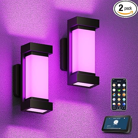 XMCOSY+ Outdoor Wall Lights, 2100LM Smart LED Porch Lights Outdoor, RGBCW Exterior Lighting Sconce, Wi-Fi Control, Compatible with Alexa, IP65 Waterproof, 2 Pack