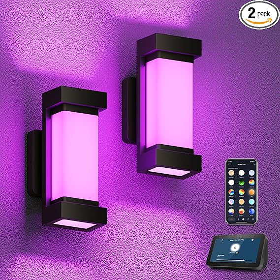 XMCOSY+ Outdoor Wall Lights, 2100LM Smart LED Porch Lights Outdoor, RGBCW Exterior Lighting Sconce, Wi-Fi Control, Compatible with Alexa, IP65 Waterproof, 2 Pack