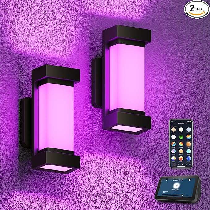 XMCOSY+ Outdoor Wall Lights, 2100LM Smart LED Porch Lights Outdoor, RGBCW Exterior Lighting Sconce, Wi-Fi Control, Compatible with Alexa, IP65 Waterproof, 2 Pack