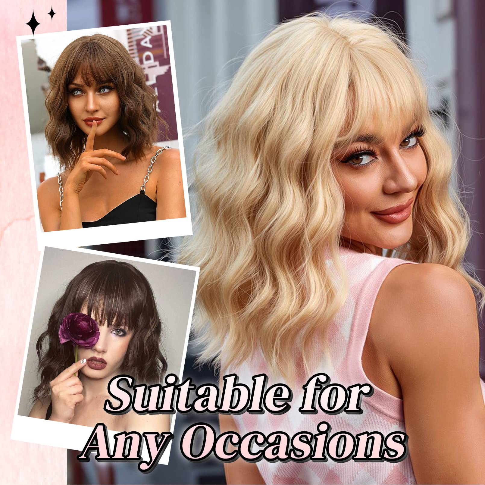 YOGFIT Wavy Wig With Bangs for Women Short Bob Dirty BLonde Wigs The Curly-Wavy Shoulder-Length Wig Is the Perfect Addition to Cosplay or Everyday Wardrobe