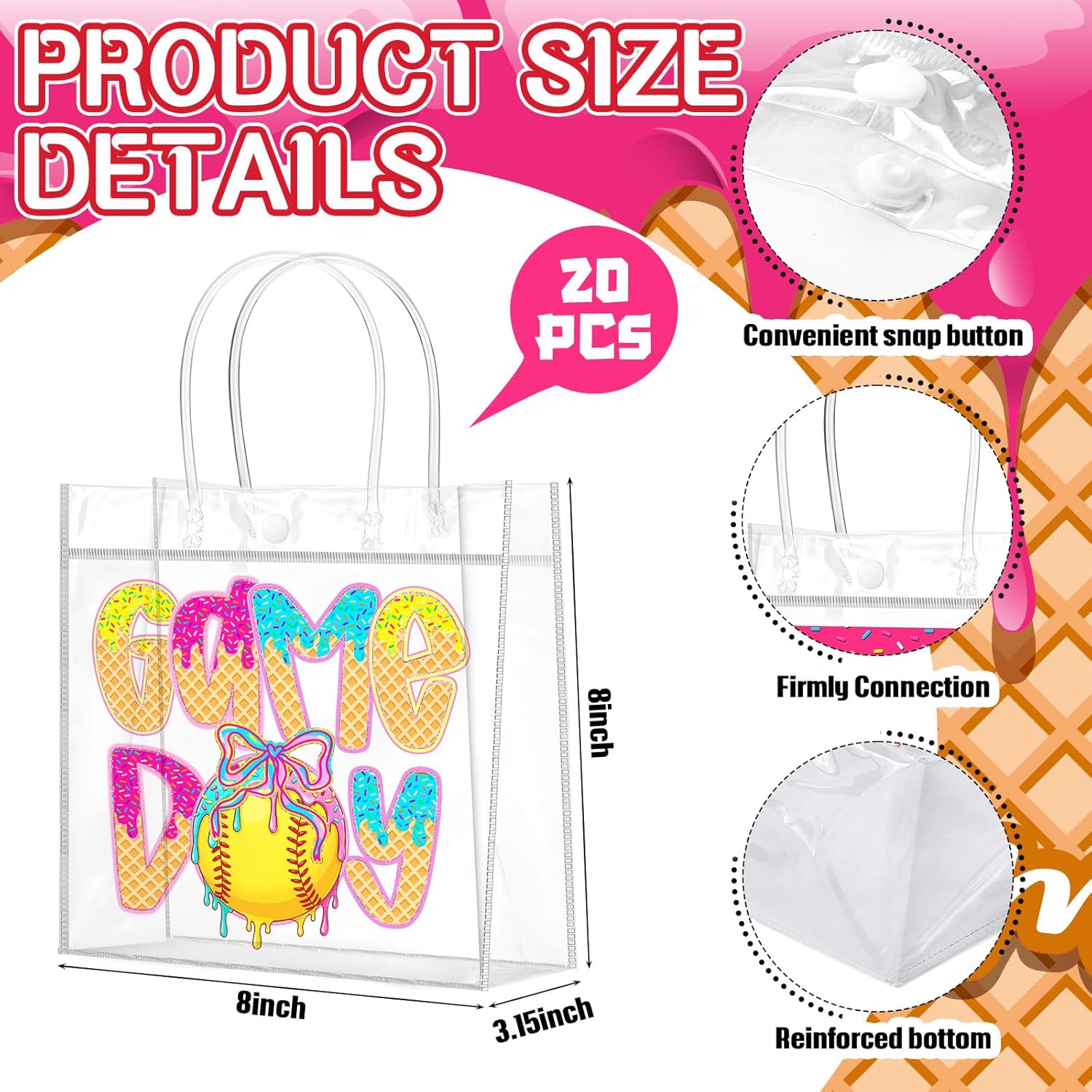 20 Pcs Softball Goodie Bag Softball Ice Cream Drip Game Day Goodie Gifts Bags with Handles Reusable Sport Themed Treat Bags for Candy Birthday Party Supplies 8 x 8 x 3.15''