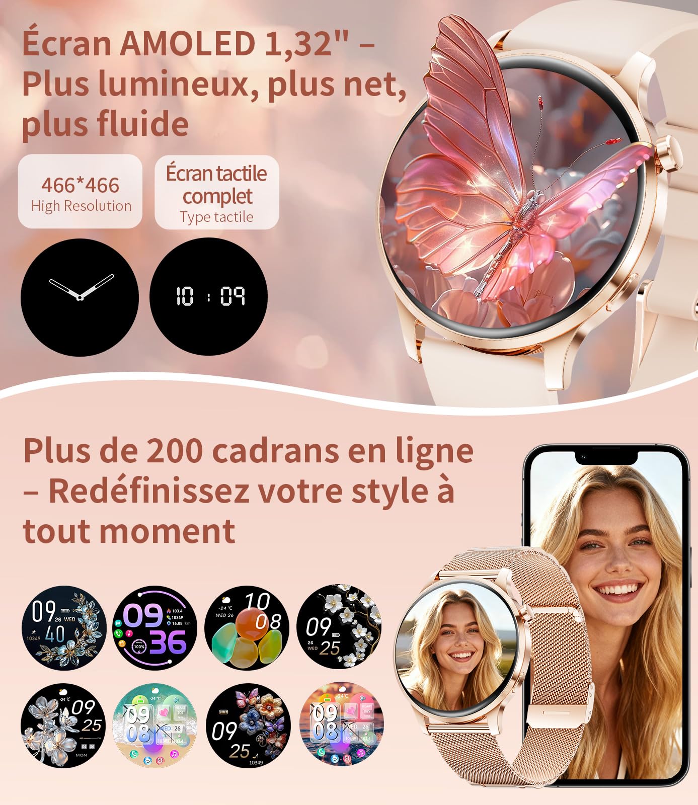 Montre Connectée Femme avec Appel Bluetooth, 1.32" AMOLED Smartwatch, 120+Sportif Sommeil, Podomètre, Fréquence Cardiaque/Sommeil/IP68 Étanche Montre Running Compatible pour Android iOS (Doré)