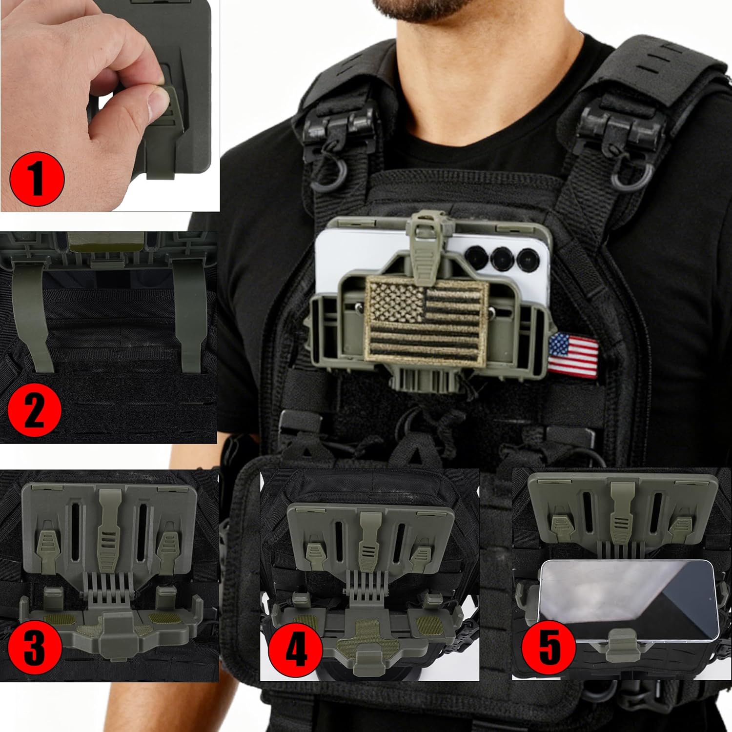 Tactical Phone Holder,MOLLE Phone Chest Mount Holder for 4.7"-7.7" Screens Plate Carrier Phone Mount,Adjust Tactical Gear Plate Carrier Vest Accessories for Tactical,Car,Office